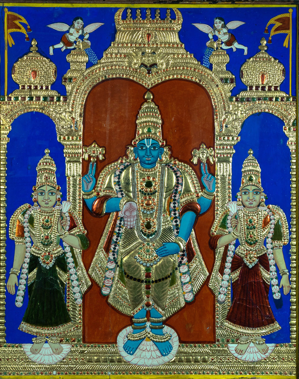 Tanjore Painting, Antique, Lord Vishnu, and Consorts, Asian art