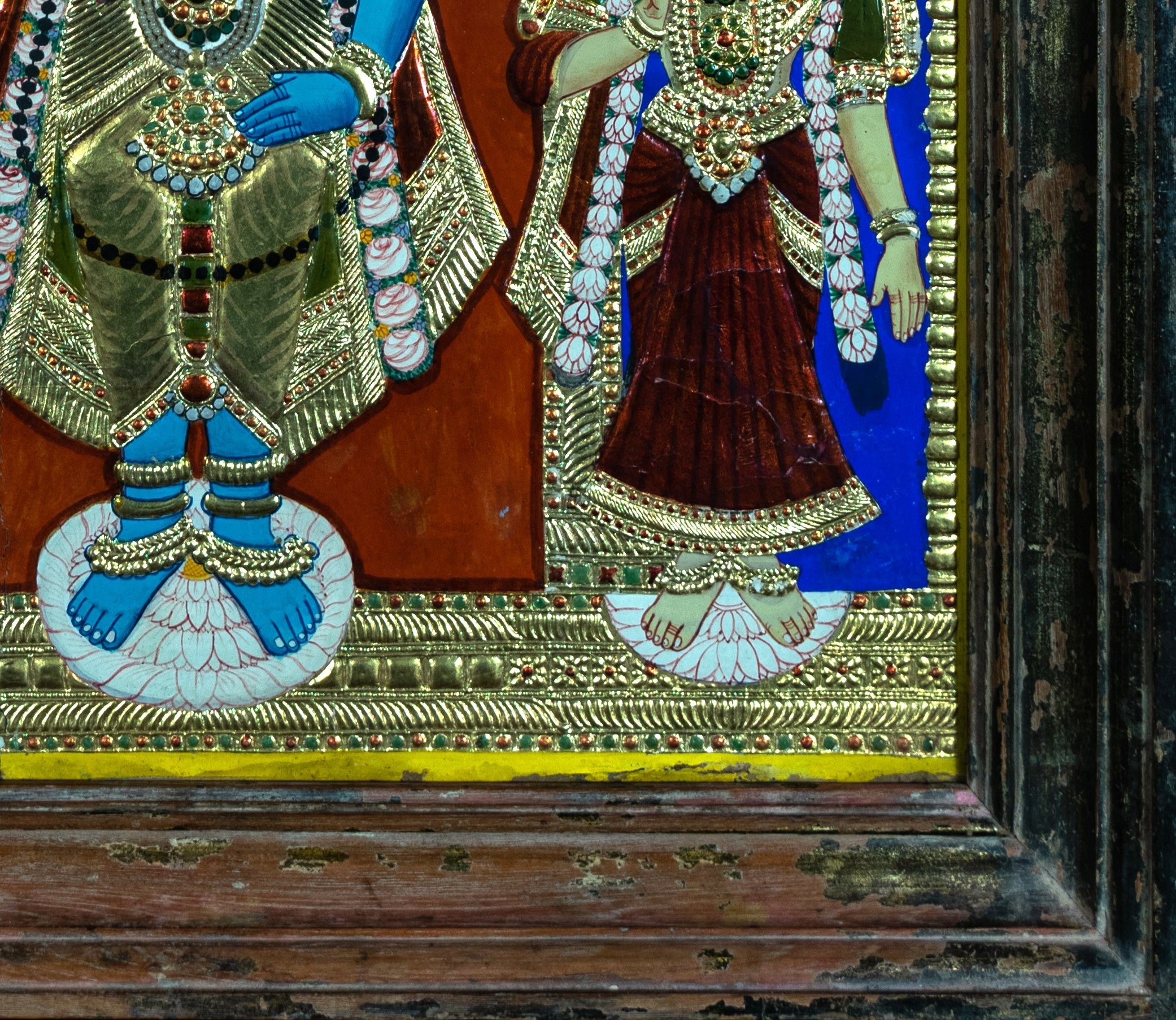Tanjore Painting, Antique, Lord Vishnu, and Consorts, Asian art