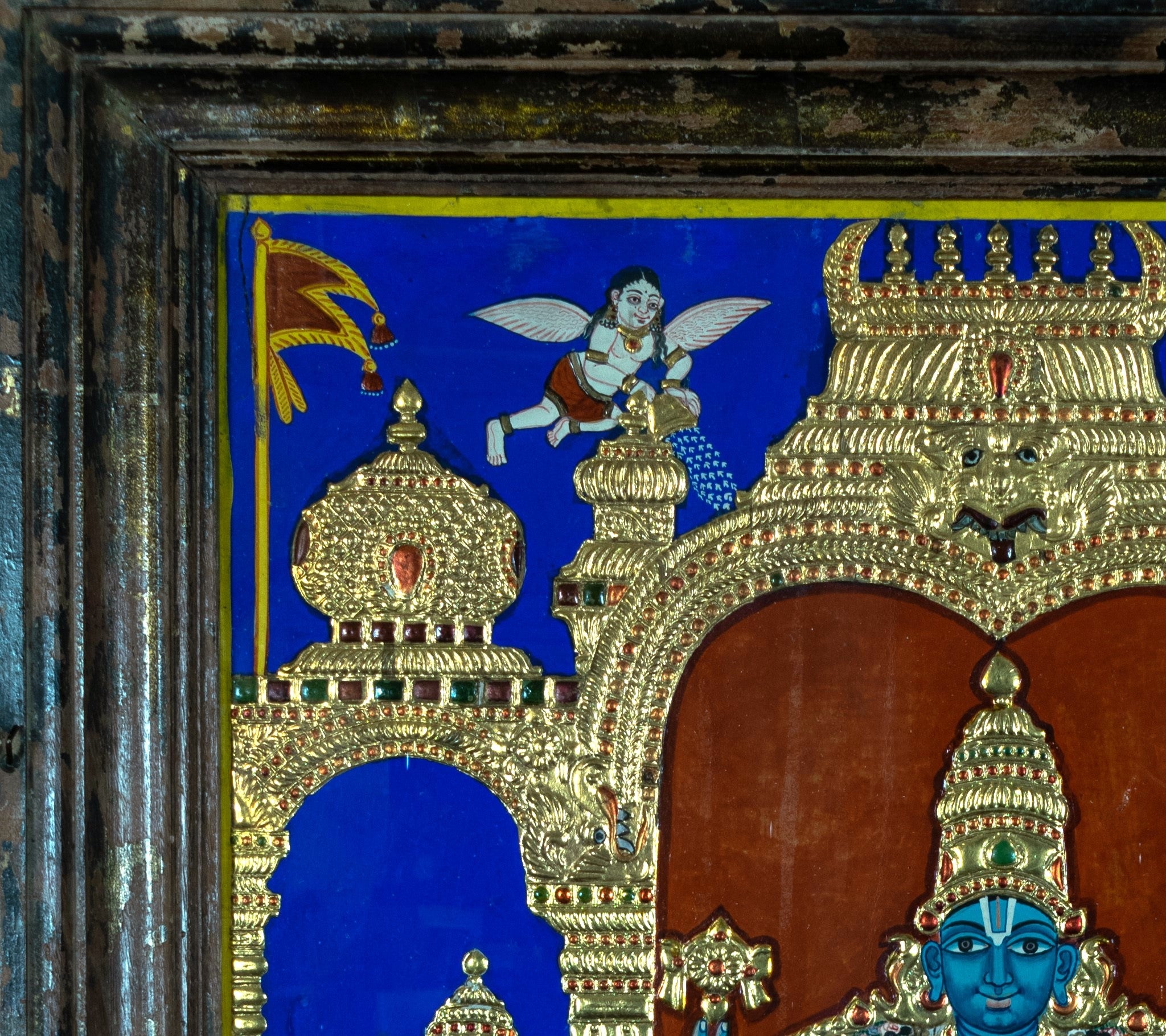 Tanjore Painting, Antique, Lord Vishnu, and Consorts, Asian art