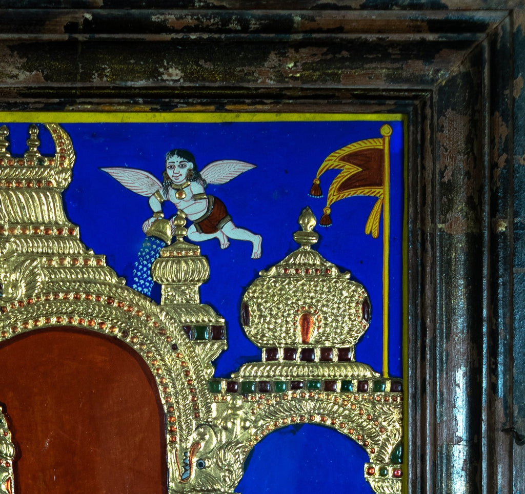 Tanjore Painting, Antique, Lord Vishnu, and Consorts, Asian art