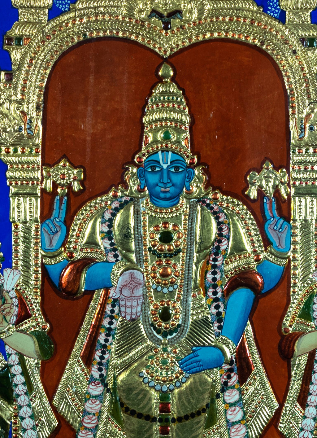 Tanjore Painting, Antique, Lord Vishnu, and Consorts, Asian art