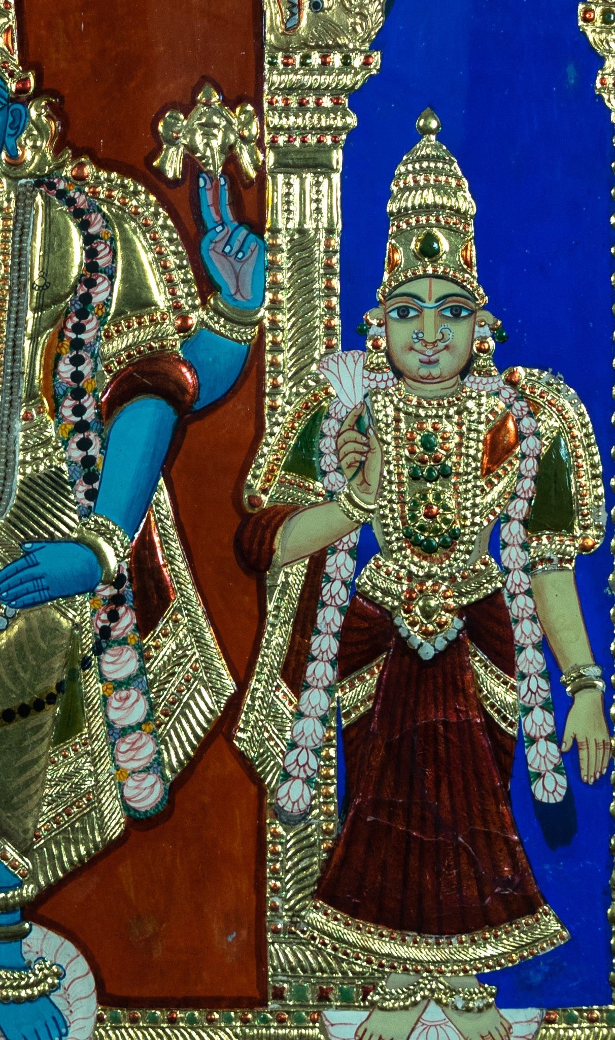 Tanjore Painting, Antique, Lord Vishnu, and Consorts, Asian art