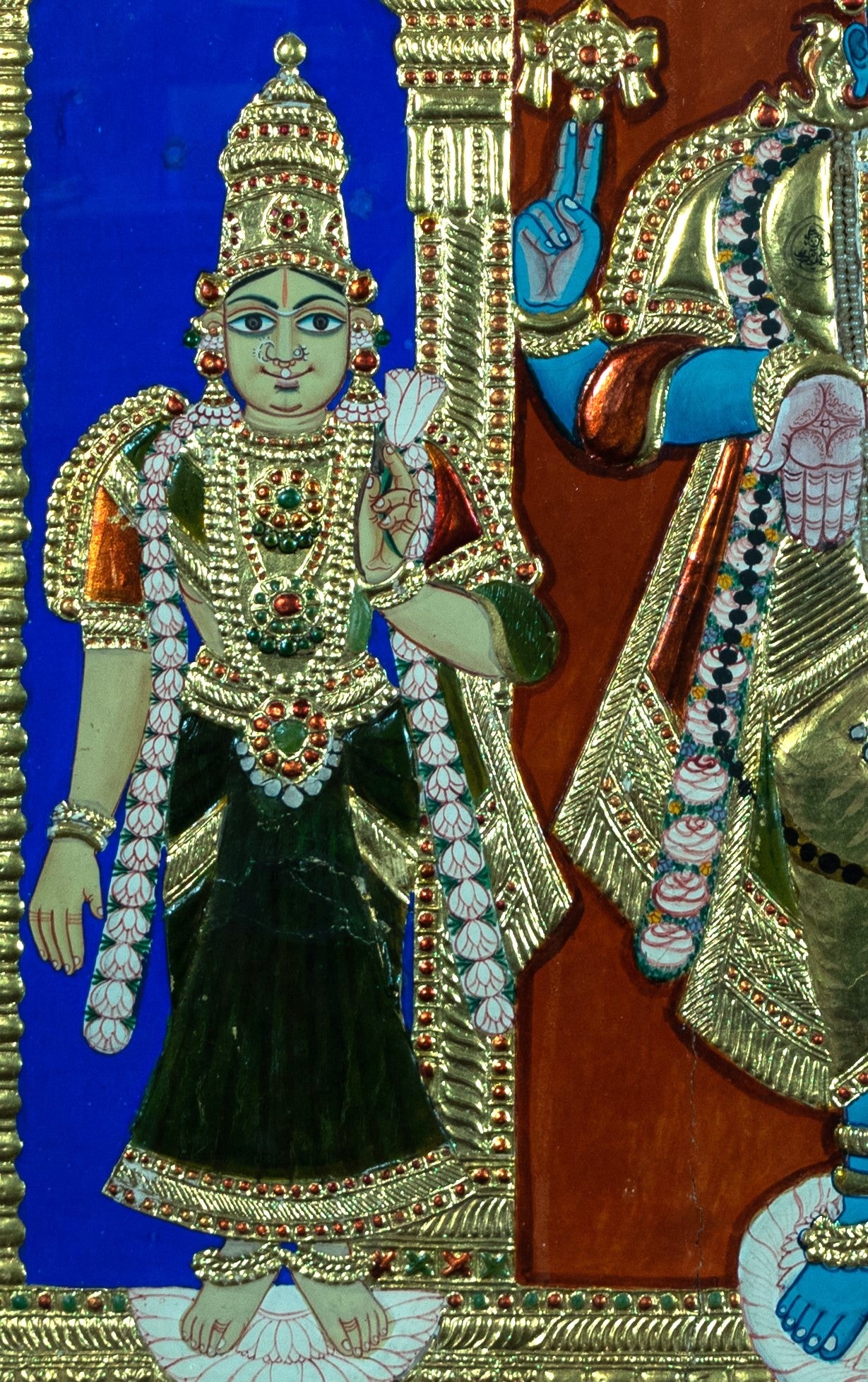 Tanjore Painting, Antique, Lord Vishnu, and Consorts, Asian art