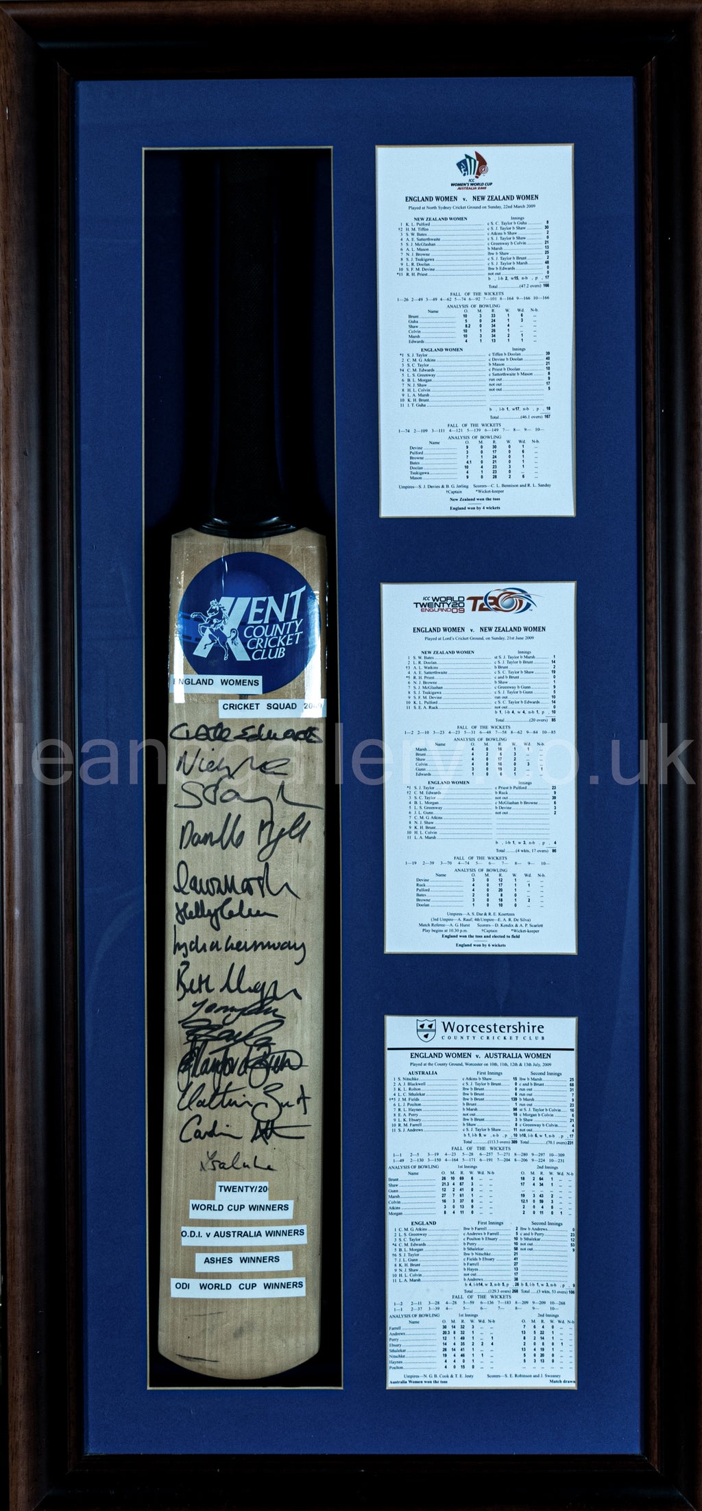 Cricket Bat, England Women' Team, with Score Sheets, 2009 ODI Champions, Signed