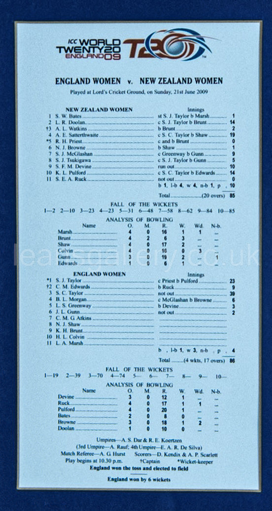 Cricket Bat, England Women' Team, with Score Sheets, 2009 ODI Champions, Signed