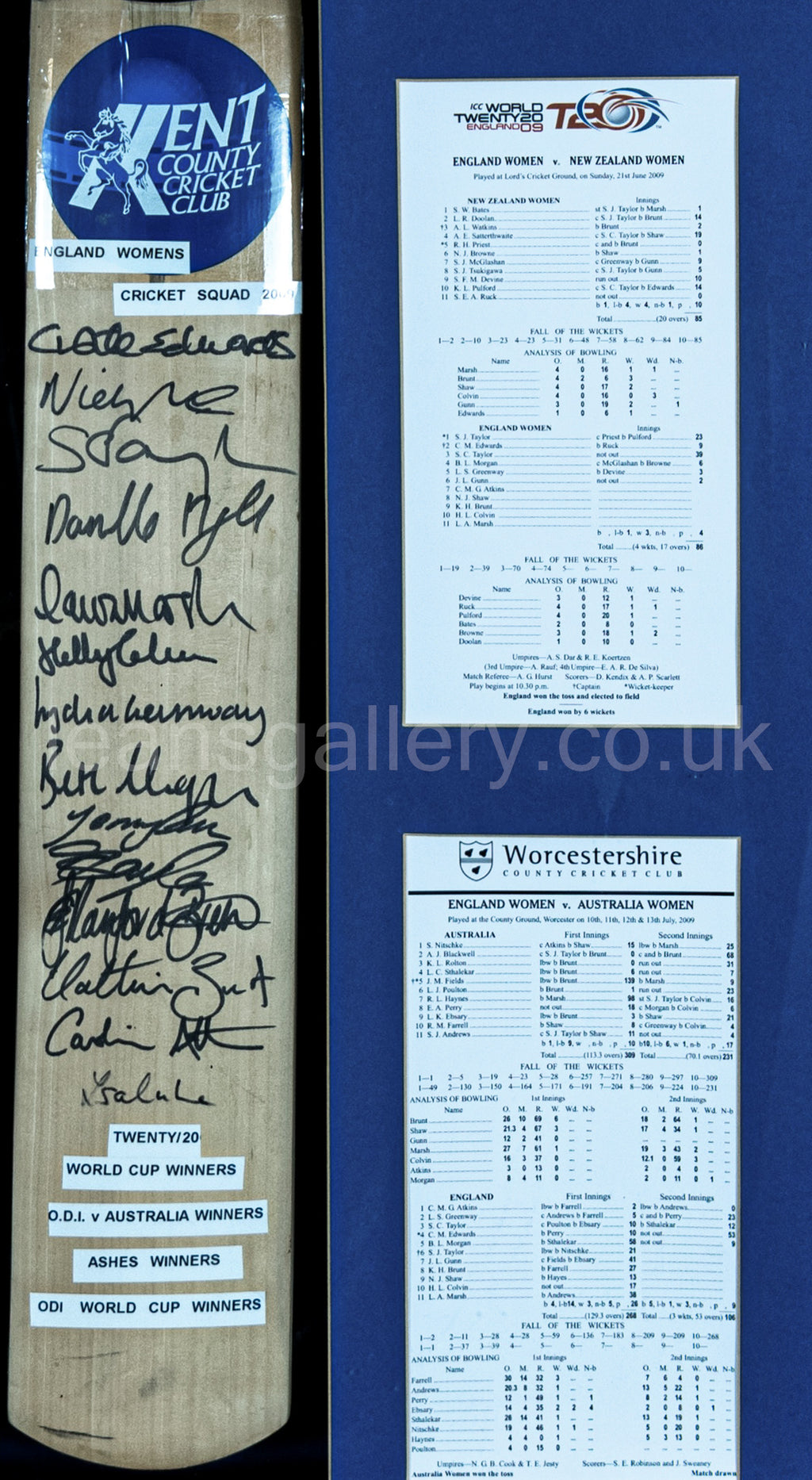 Cricket Bat, England Women' Team, with Score Sheets, 2009 ODI Champions, Signed