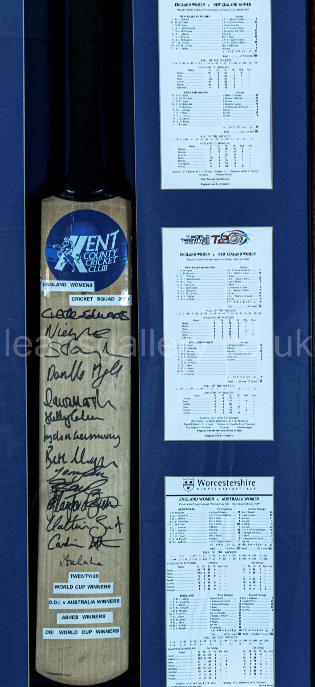 Cricket Bat, England Women' Team, with Score Sheets, 2009 ODI Champions, Signed