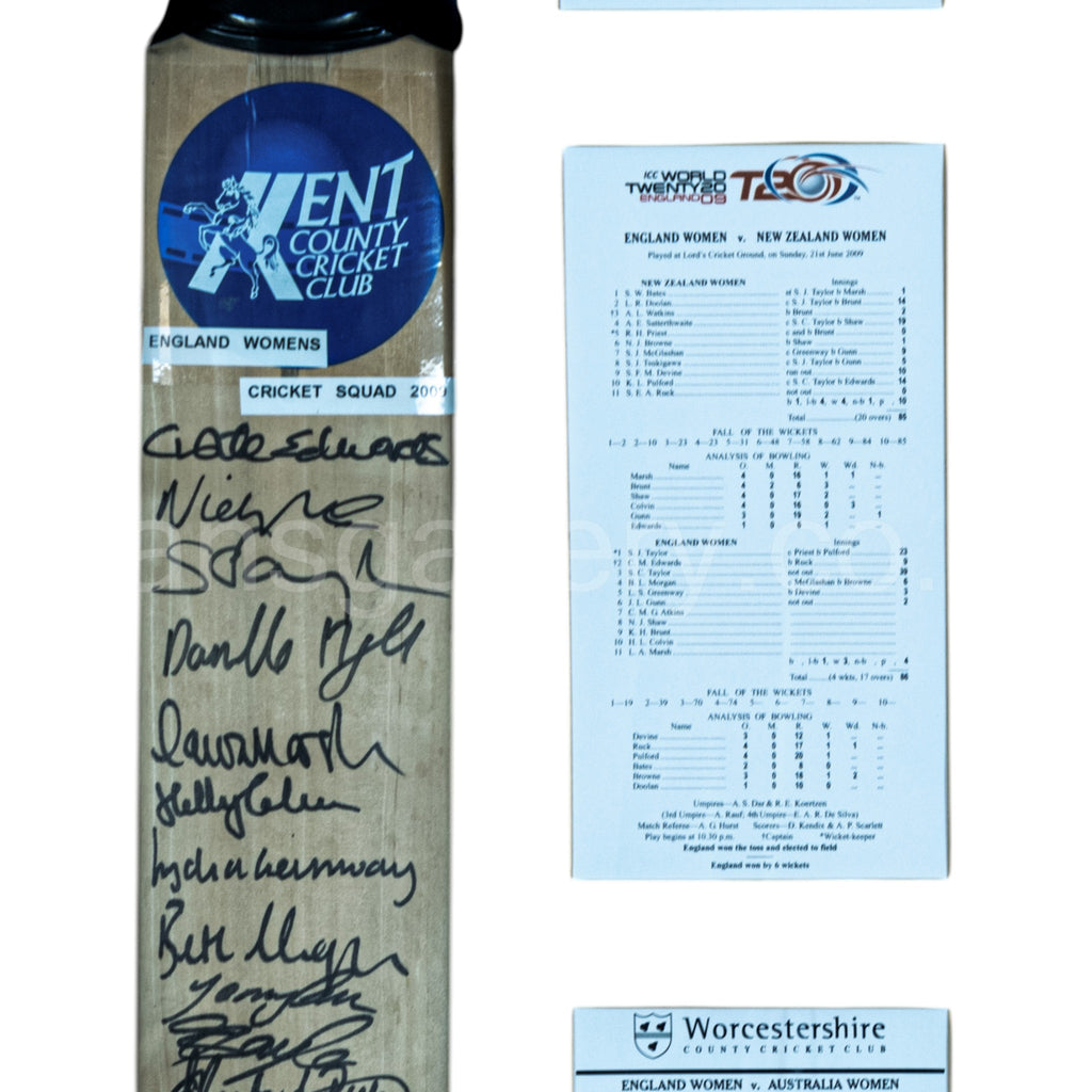 Cricket Bat, England Women' Team, with Score Sheets, 2009 ODI Champions, Signed