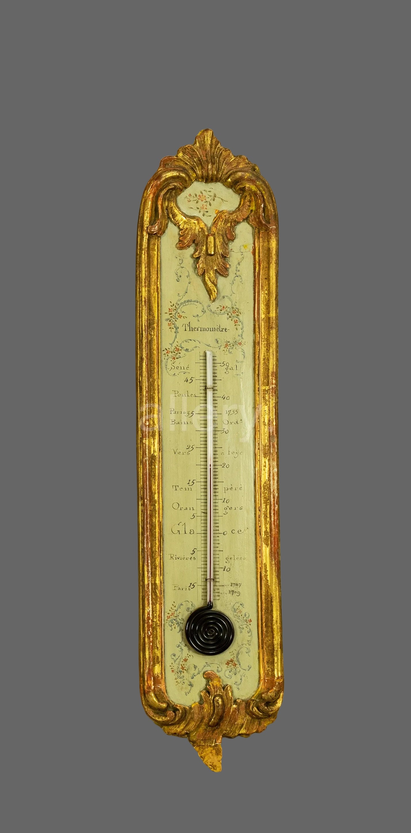 Thermometer, Antique, French, Alcohol, Ornate, Gilded Wood Case