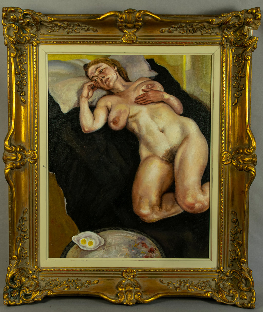 Oil Painting, Nude, Reclining Lady, After Freud, Contemporary, Gilt framed