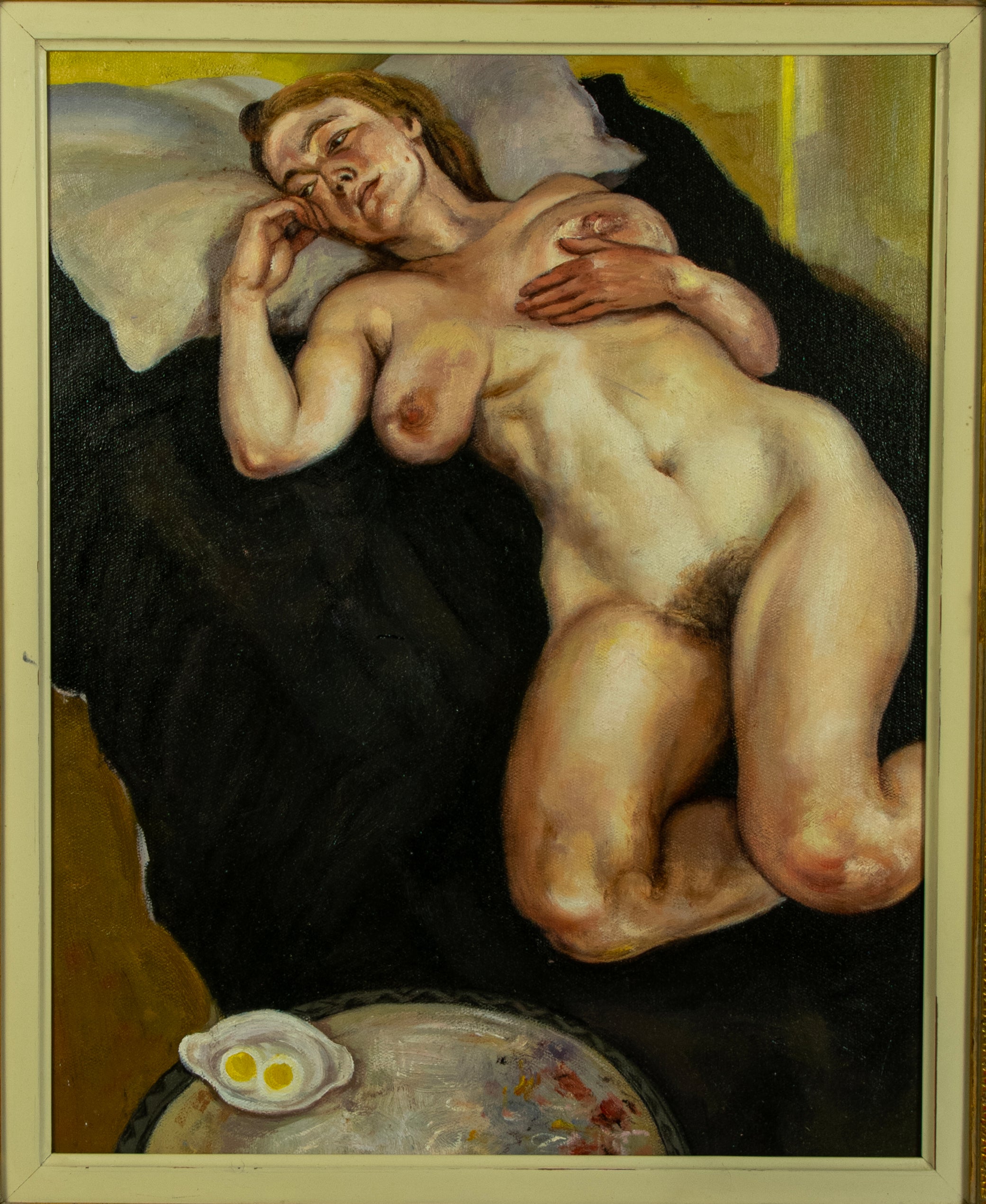 Oil Painting, Nude, Reclining Lady, After Freud, Contemporary, Gilt framed