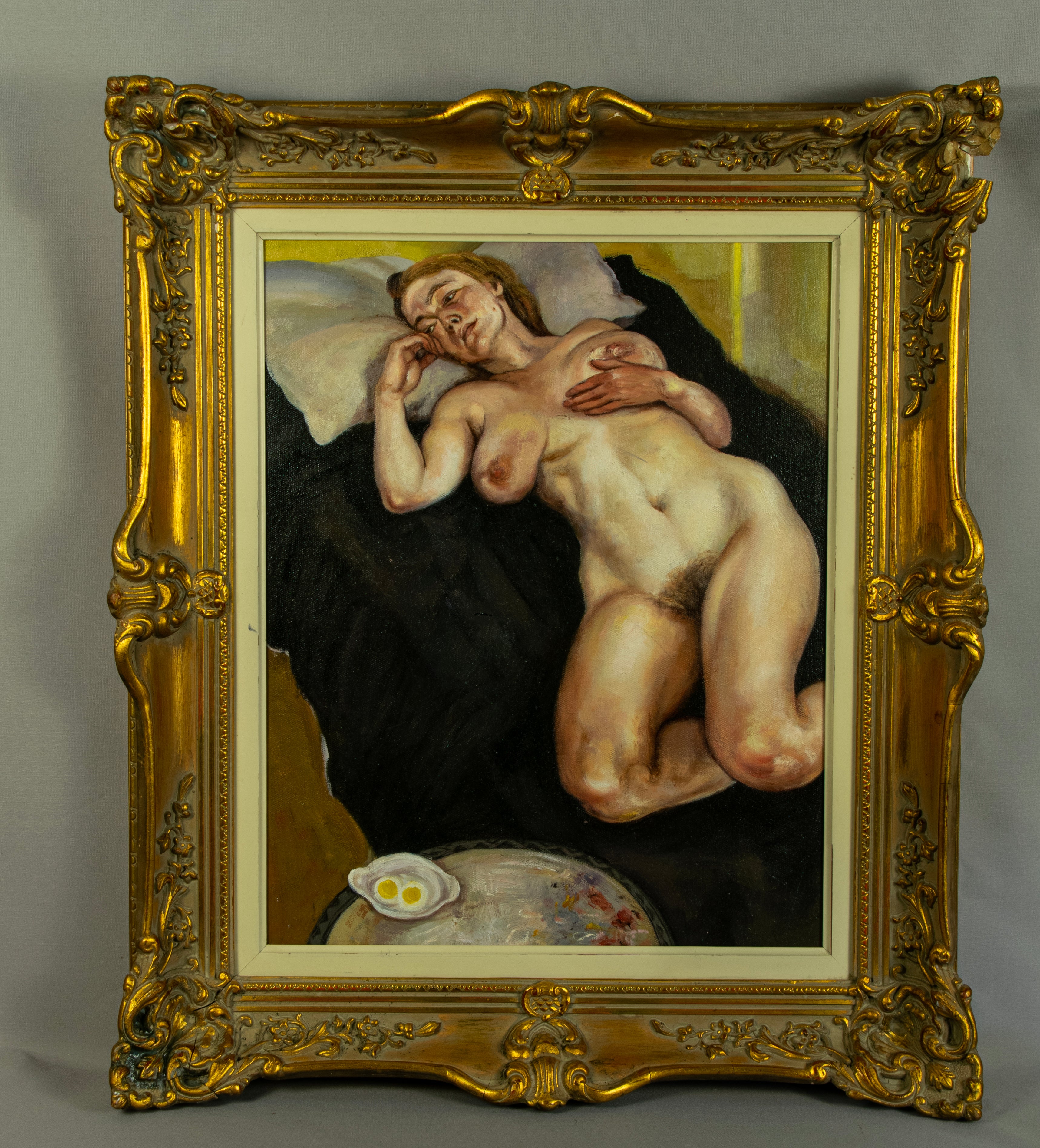 Oil Painting, Nude, Reclining Lady, After Freud, Contemporary, Gilt framed