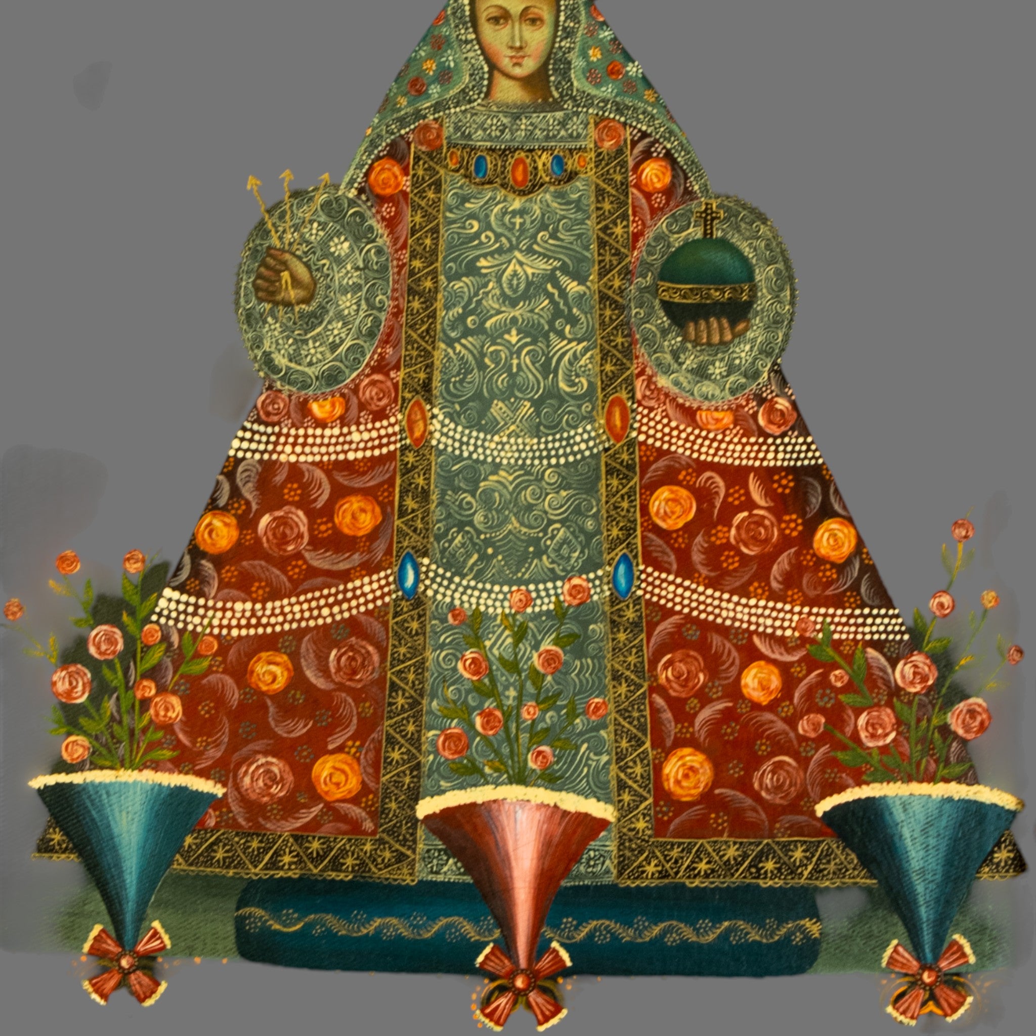 Antique Cuzco Oil painting, Madonna, Orb, 19/20th Century, Framed