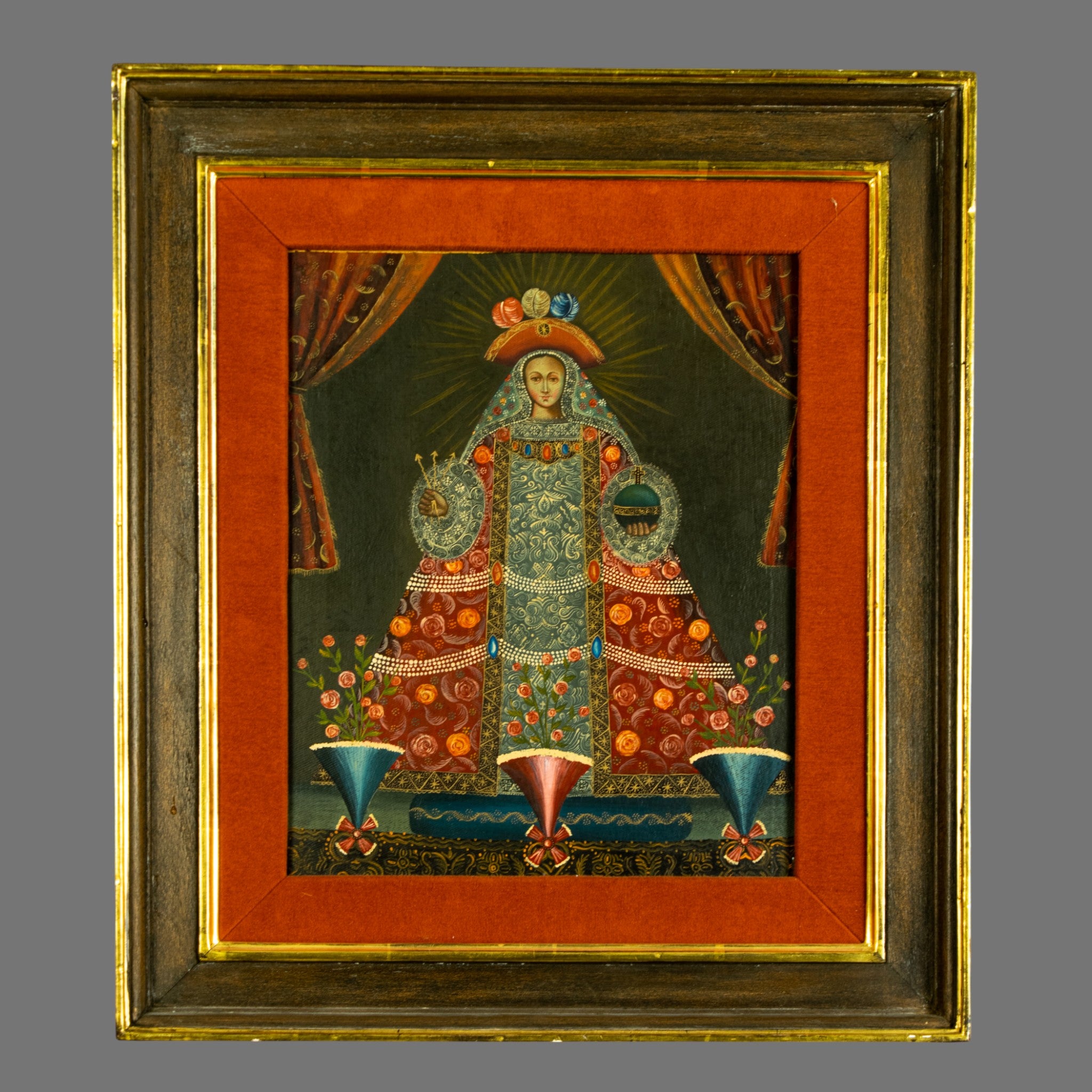 Antique Cuzco Oil painting, Madonna, Orb, 19/20th Century, Framed