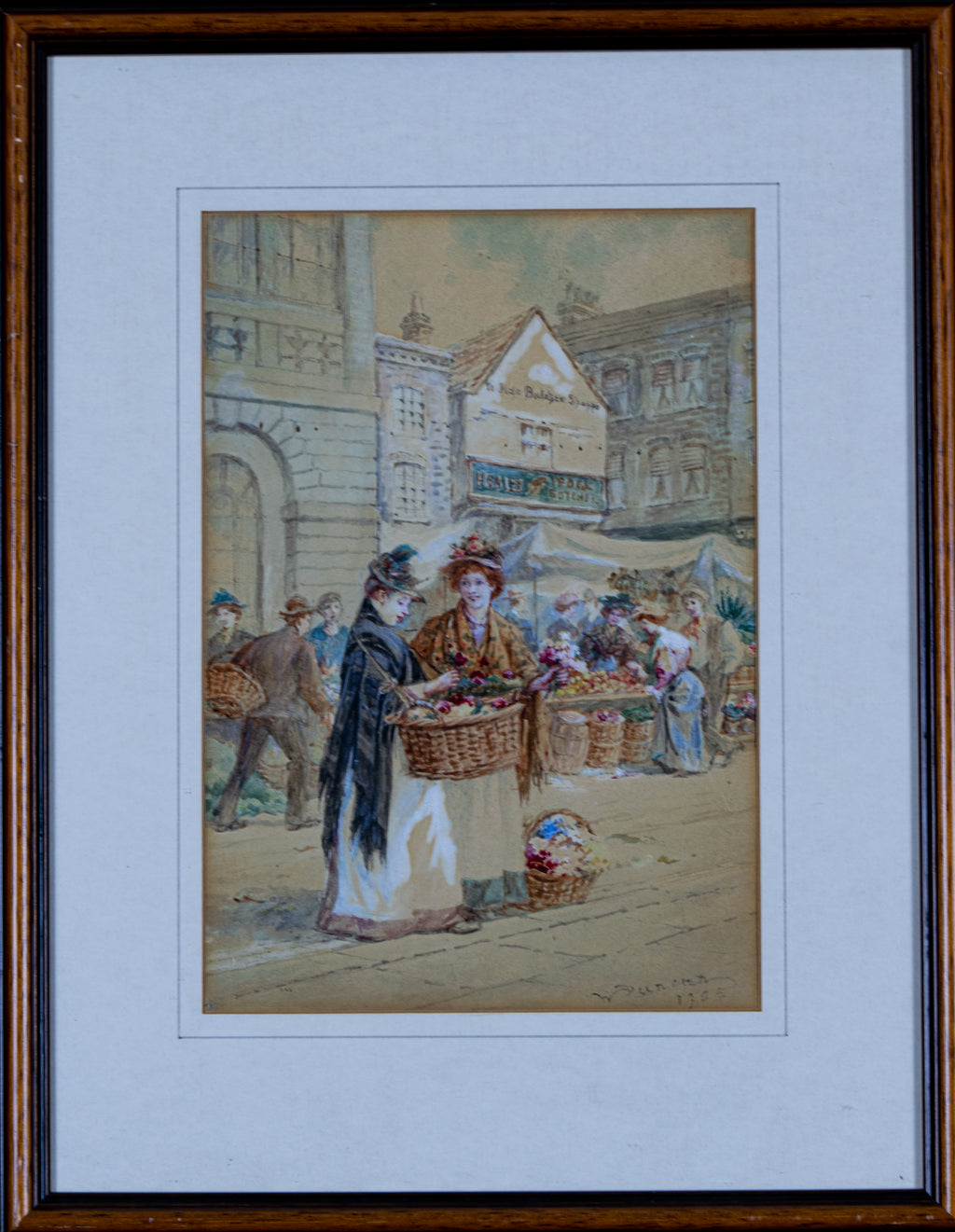 Watercolour painting, English Village scene, Flower sellers, Vintage