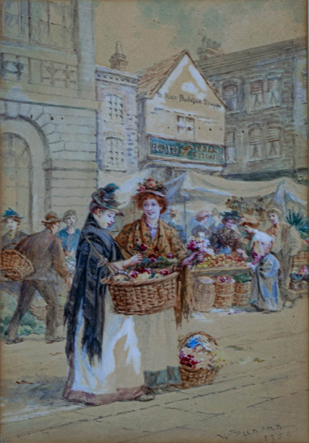Watercolour painting, English Village scene, Flower sellers, Vintage