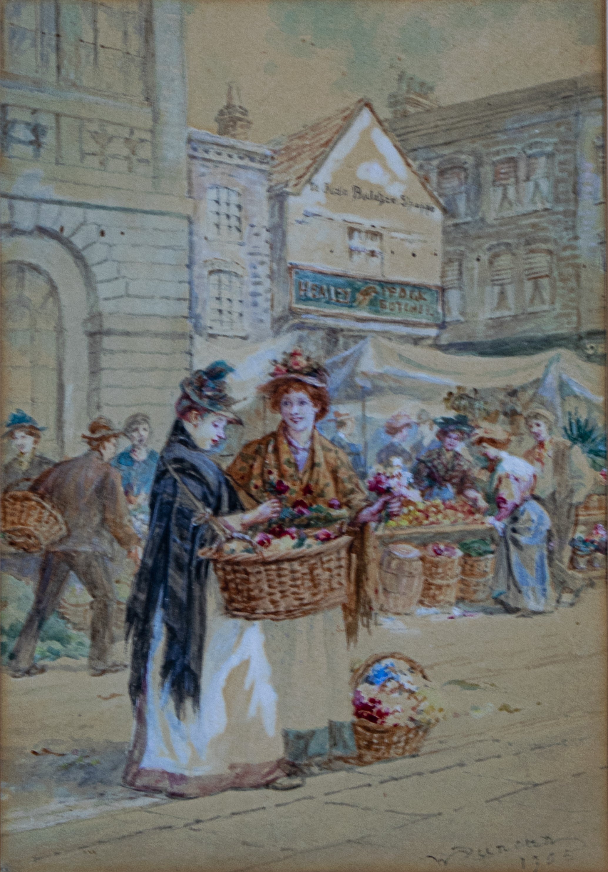 Watercolour painting, English Village scene, Flower sellers, Vintage