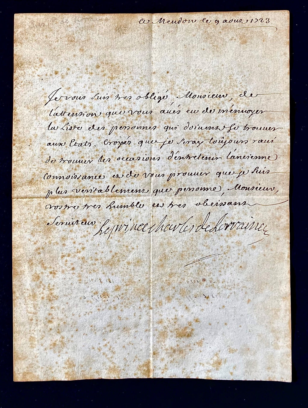 MANUSCRIPT, RARE 18TH CENTURY ROYAL, CHARLES, Prince of LORRAINE AUTOGRAPH LETTER, WITH SWEDISH ROYAL PROVENANCE