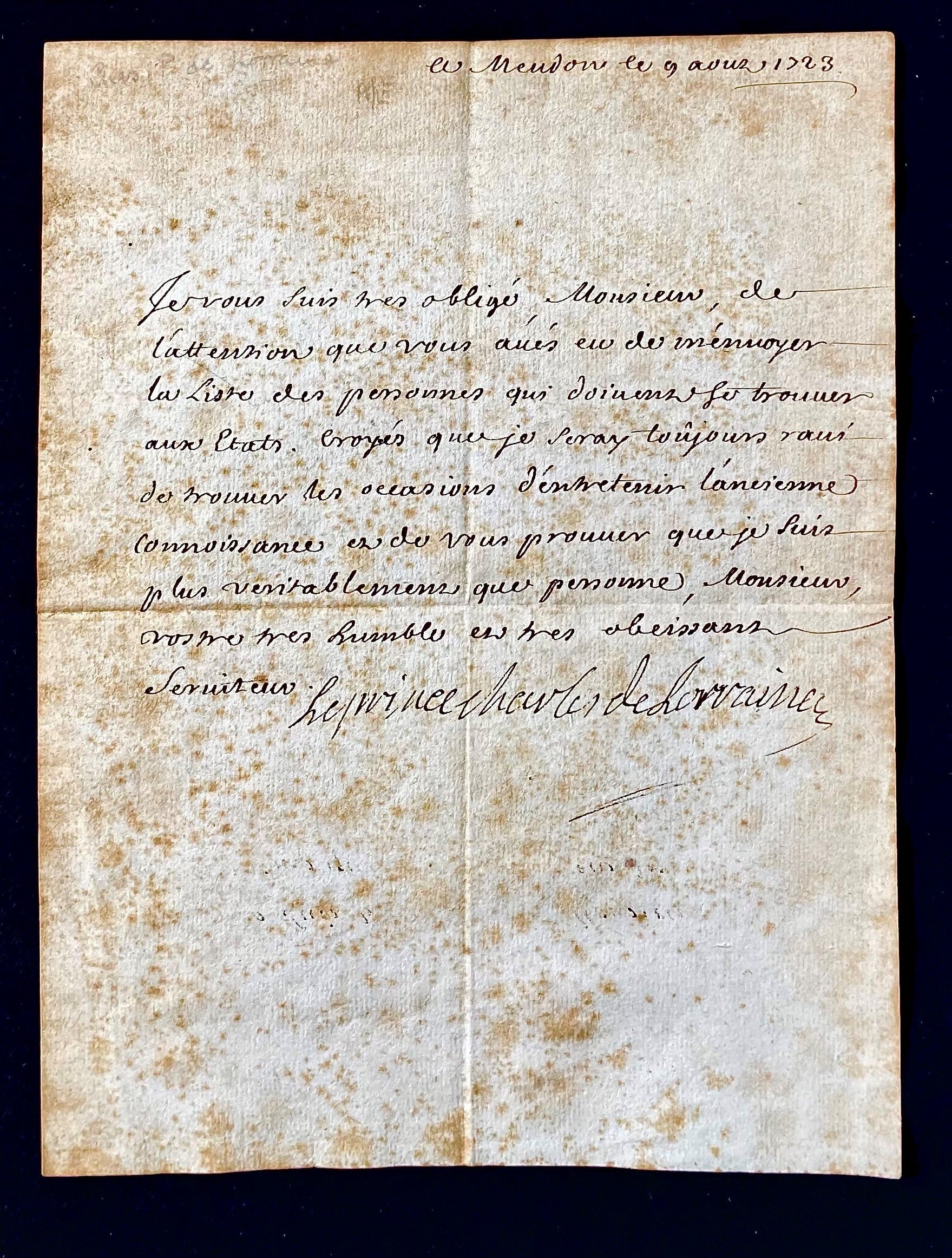 MANUSCRIPT, RARE 18TH CENTURY ROYAL, CHARLES, Prince of LORRAINE AUTOGRAPH LETTER, WITH SWEDISH ROYAL PROVENANCE