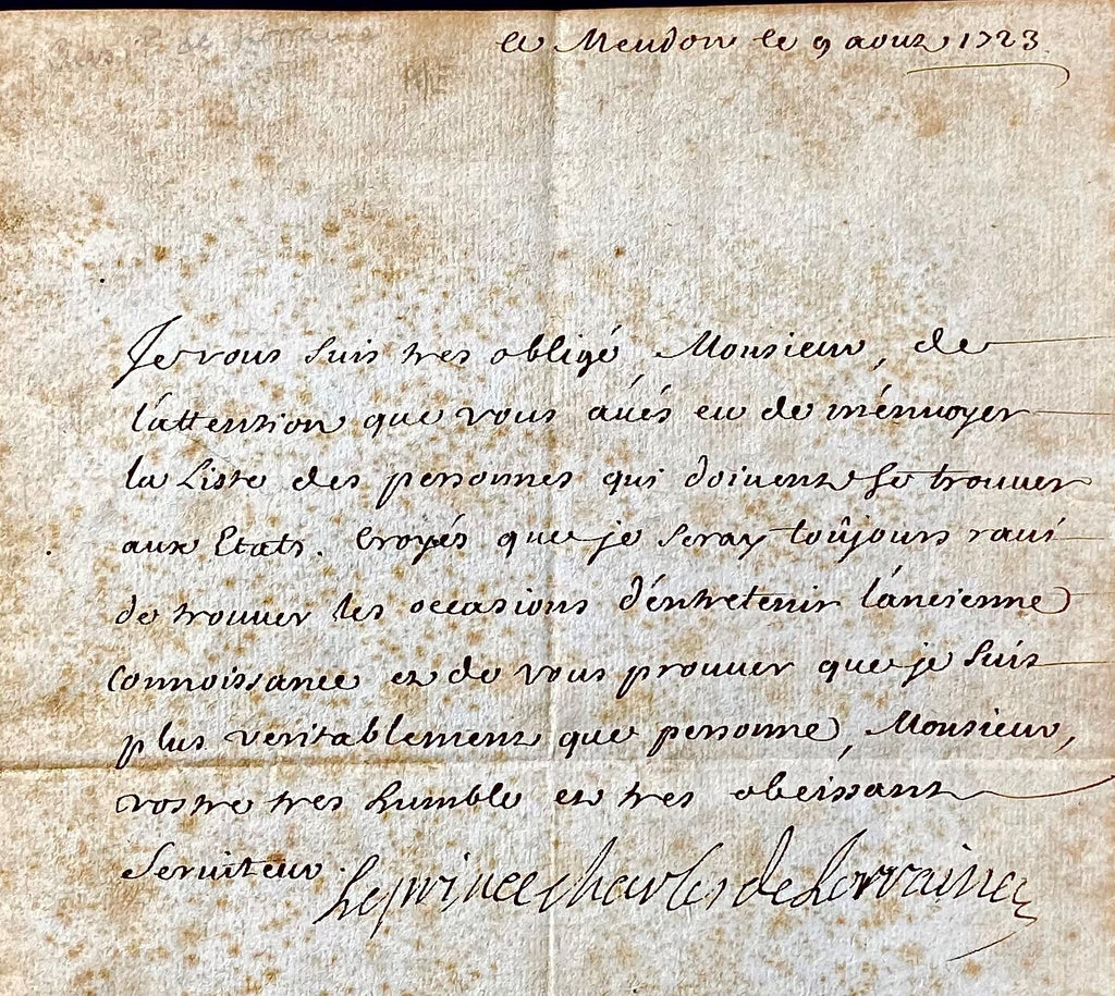 MANUSCRIPT, RARE 18TH CENTURY ROYAL, CHARLES, Prince of LORRAINE AUTOGRAPH LETTER, WITH SWEDISH ROYAL PROVENANCE