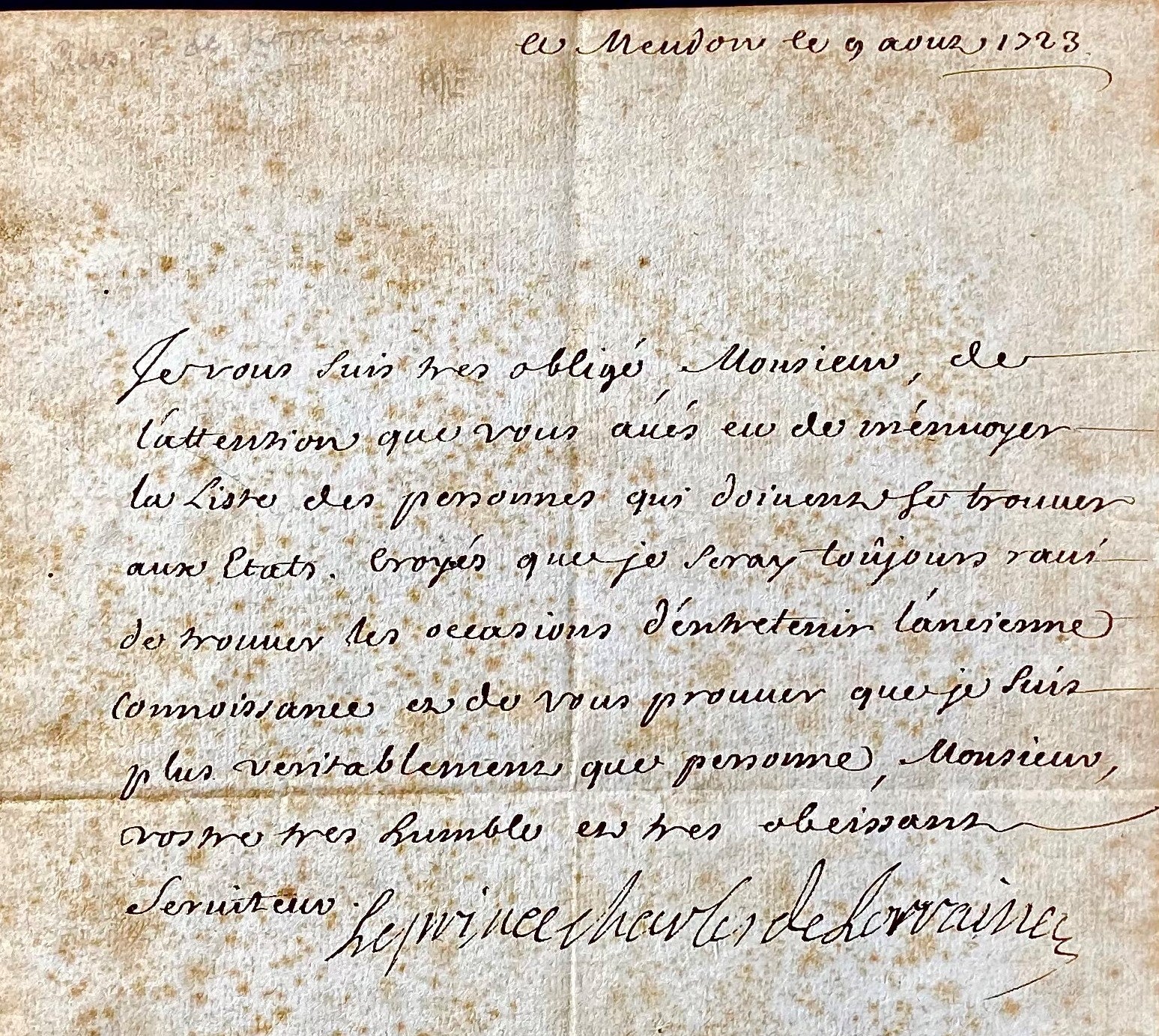 MANUSCRIPT, RARE 18TH CENTURY ROYAL, CHARLES, Prince of LORRAINE AUTOGRAPH LETTER, WITH SWEDISH ROYAL PROVENANCE