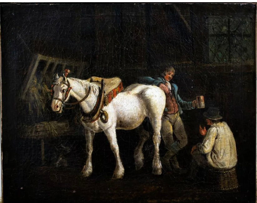 Oil Painting, Stable Interior, Antique, oil on canvas