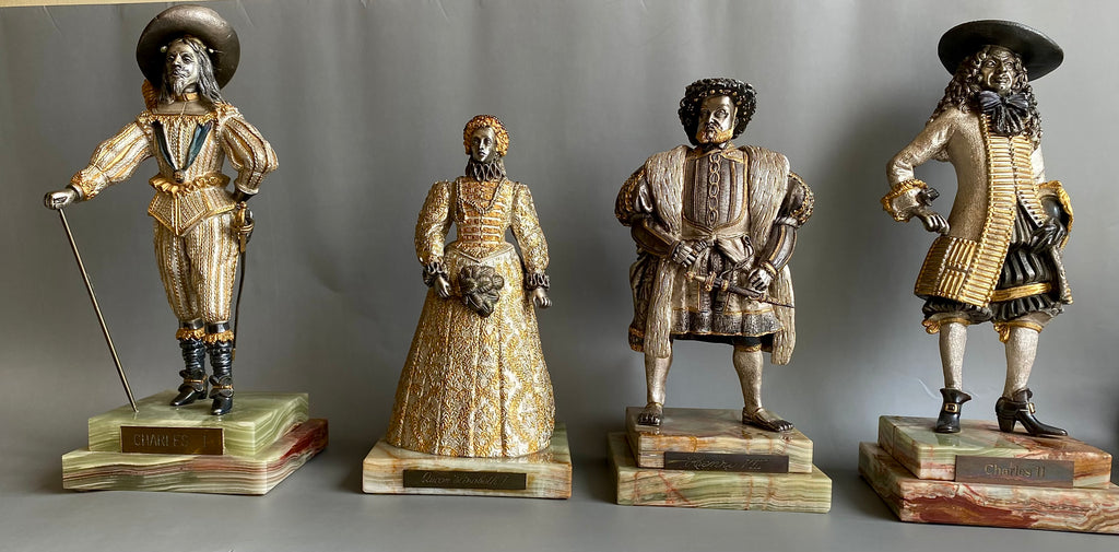 Bronze Figure, Queen Elizabeth I, Charles I, Gilded and Silvered, Onyx Base