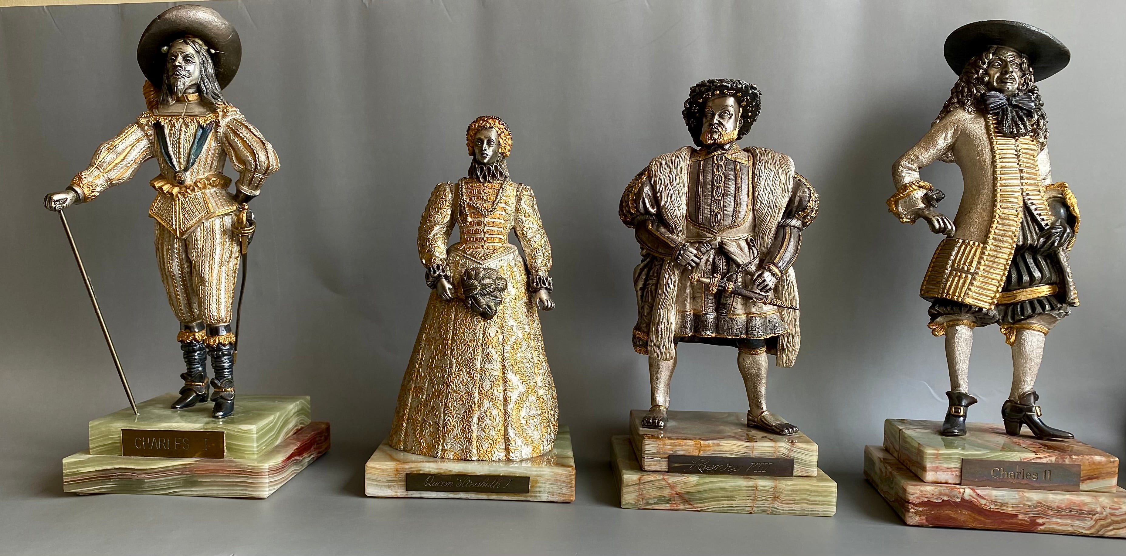 Bronze Figure, Queen Elizabeth I, Charles I, Gilded and Silvered, Onyx Base
