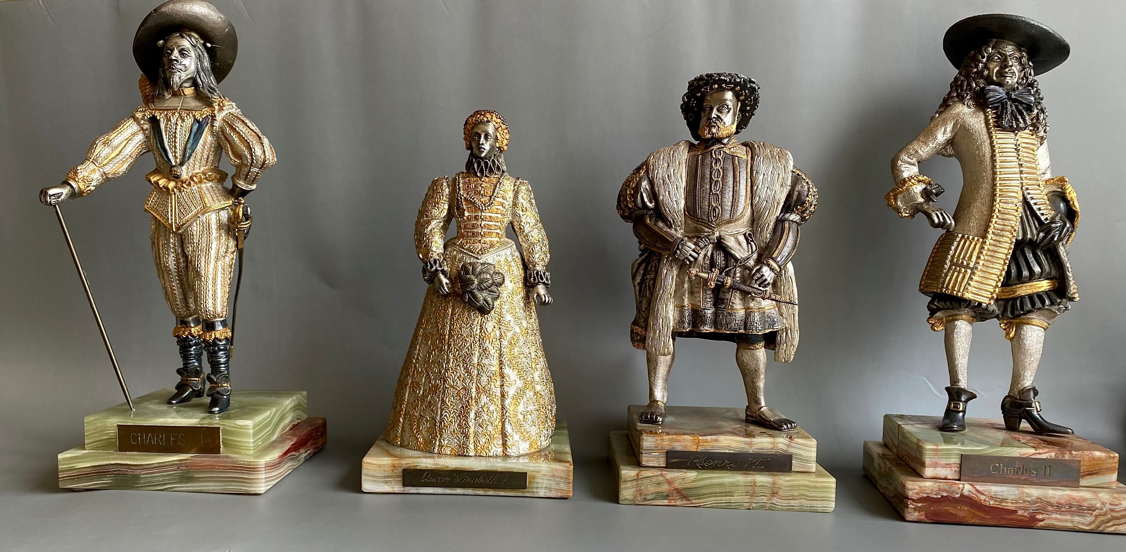 Bronze Figure, Queen Elizabeth I, Charles I, Gilded and Silvered, Onyx Base