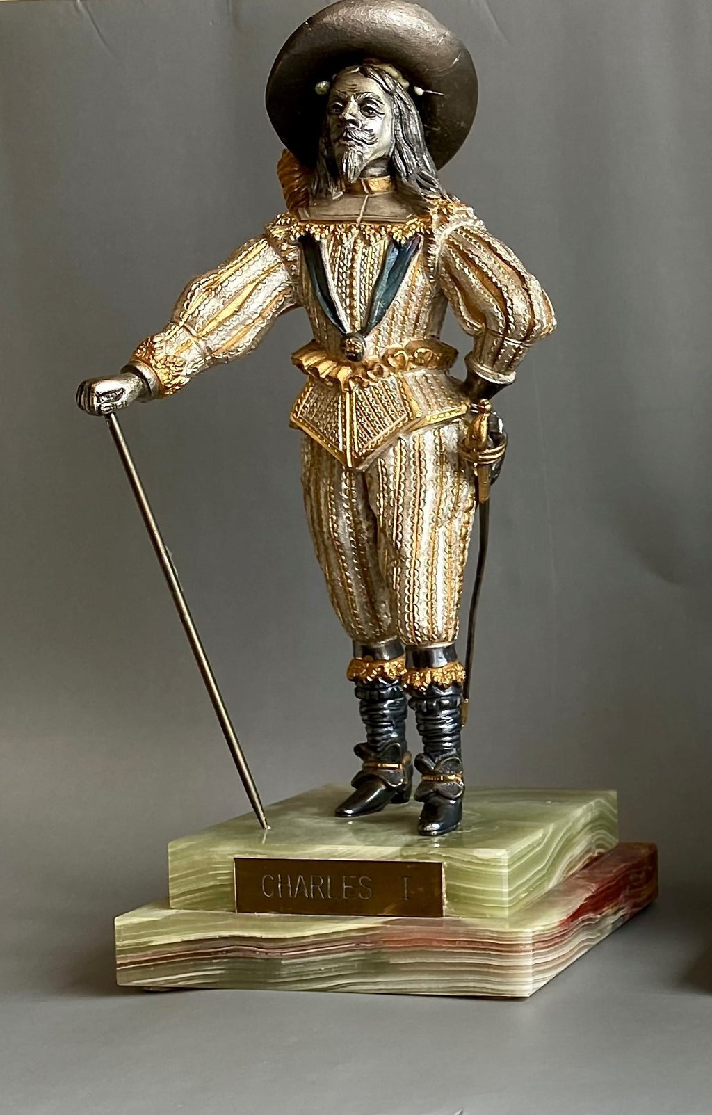 Bronze Figure, Queen Elizabeth I, Charles I, Gilded and Silvered, Onyx Base