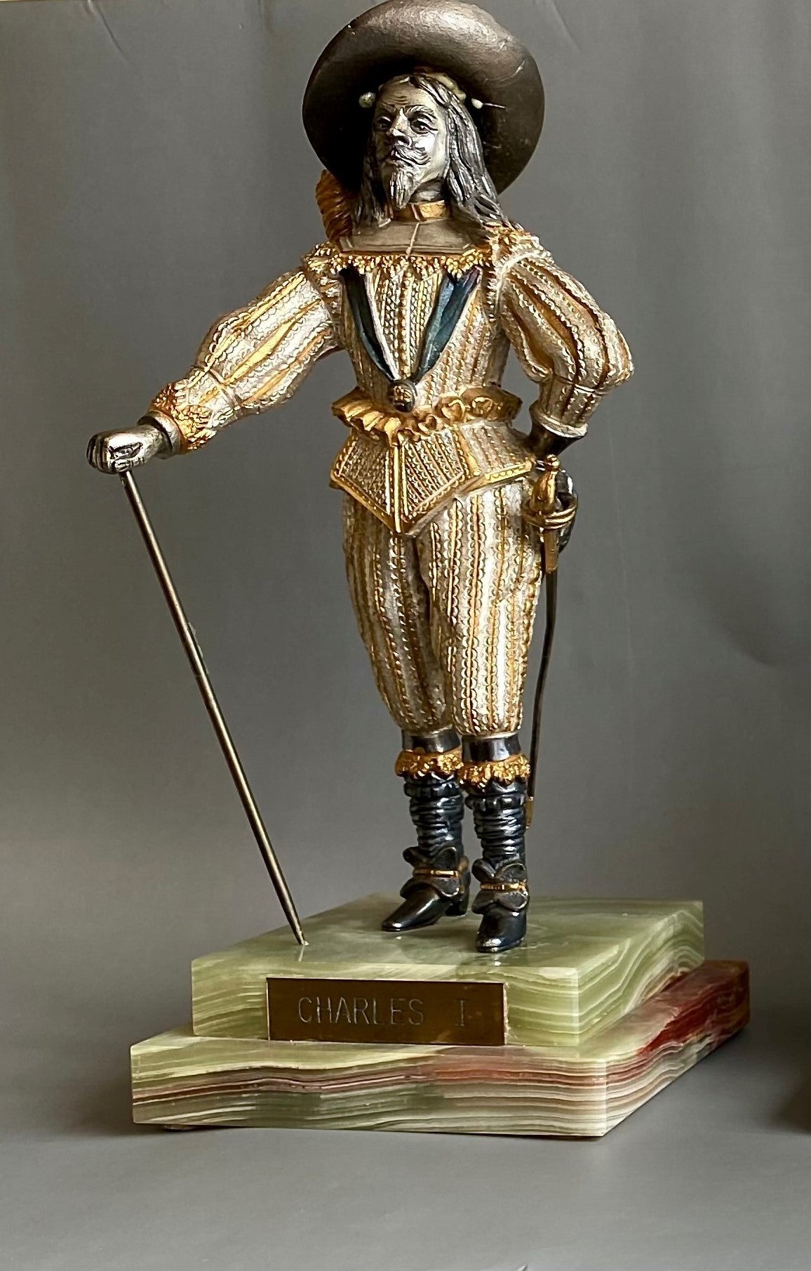 Bronze Figure, Queen Elizabeth I, Charles I, Gilded and Silvered, Onyx Base