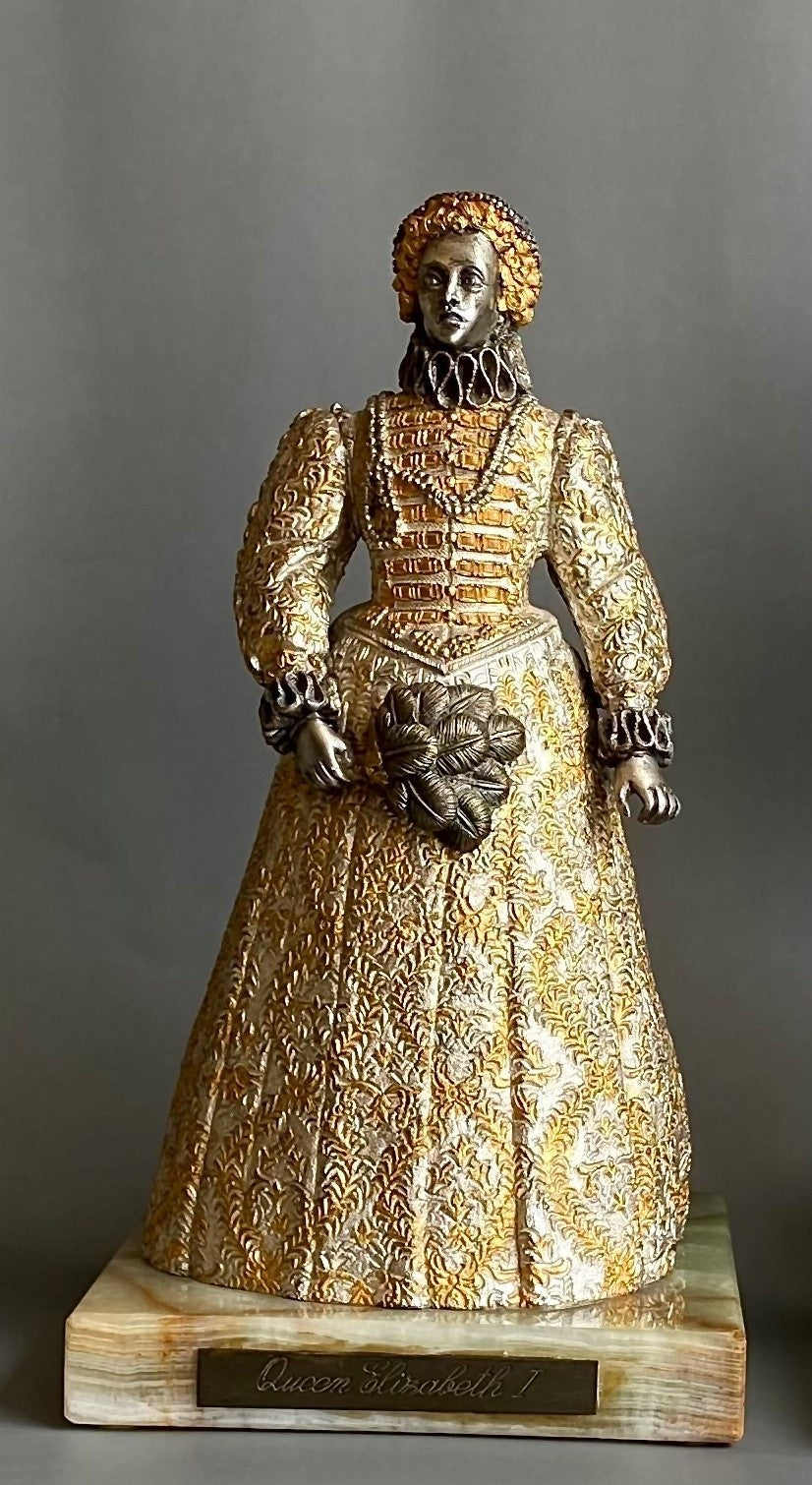Bronze Figure, Queen Elizabeth I, Charles I, Gilded and Silvered, Onyx Base