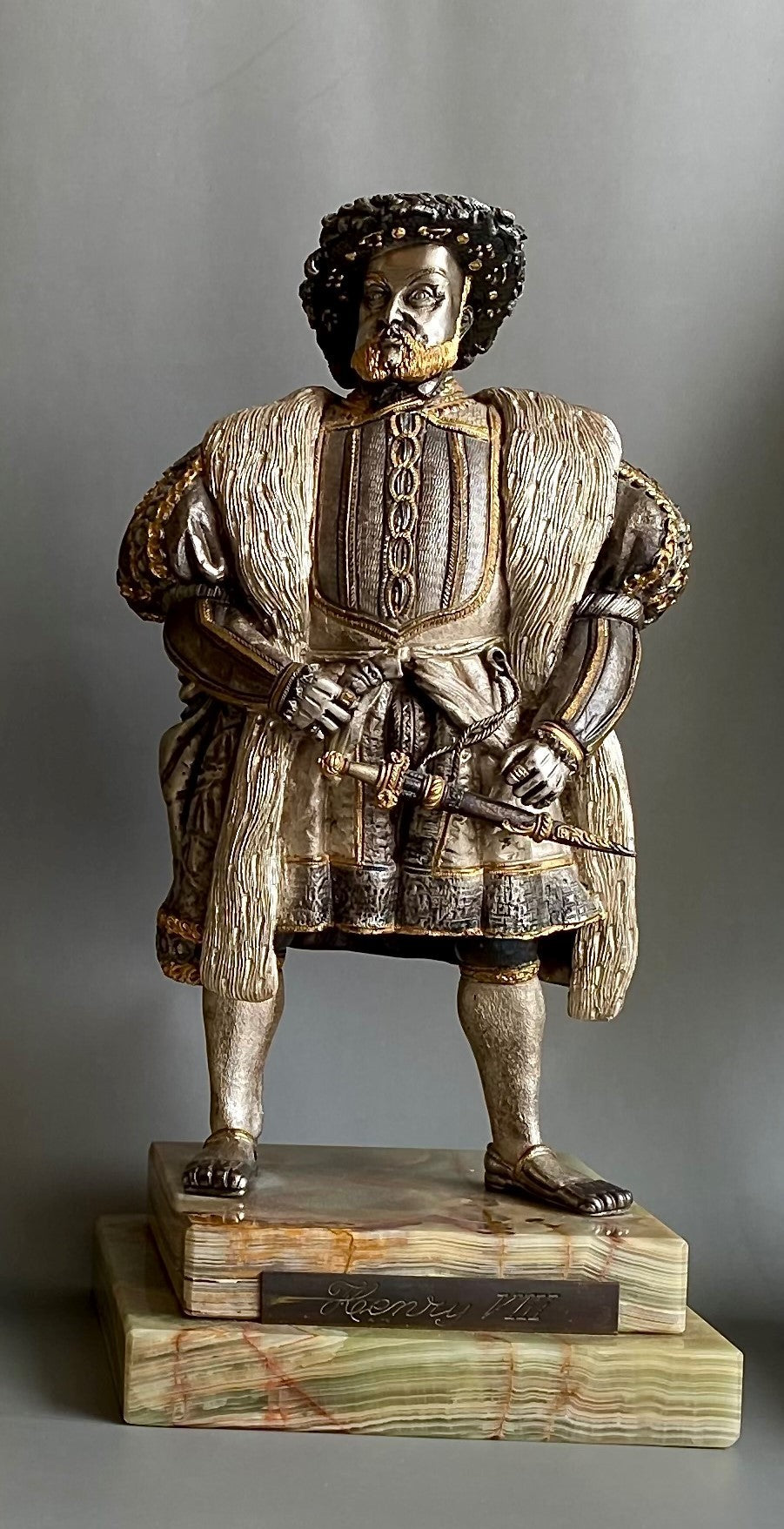 Bronze Figure, Queen Elizabeth I, Charles I, Gilded and Silvered, Onyx Base