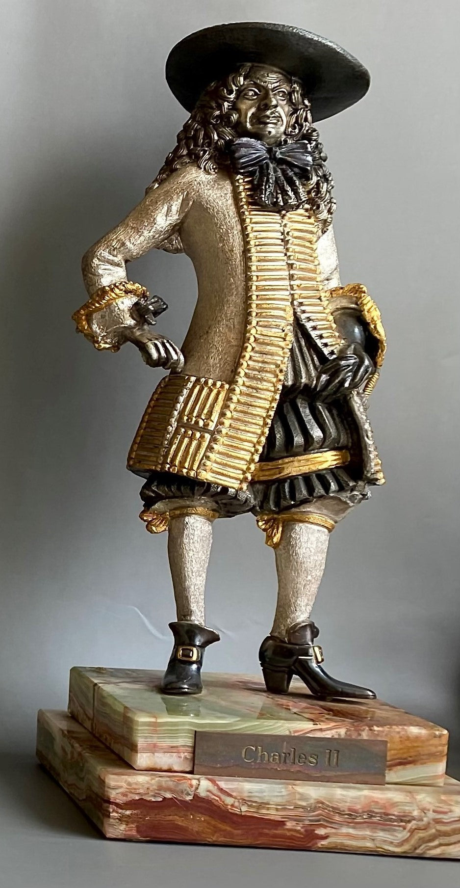 Bronze Figure, Queen Elizabeth I, Charles I, Gilded and Silvered, Onyx Base