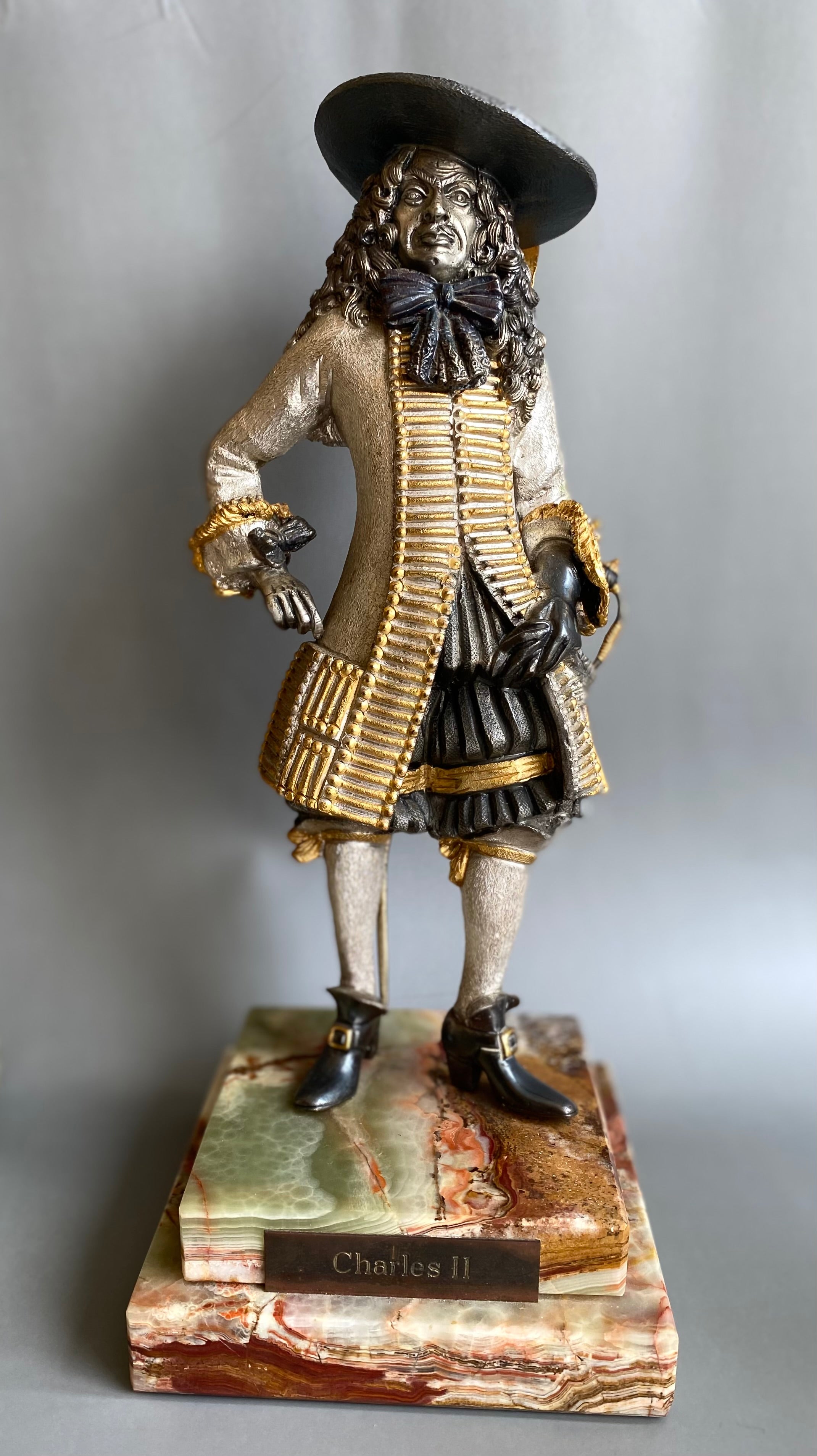 Bronze Figure, Queen Elizabeth I, Charles I, Gilded and Silvered, Onyx Base