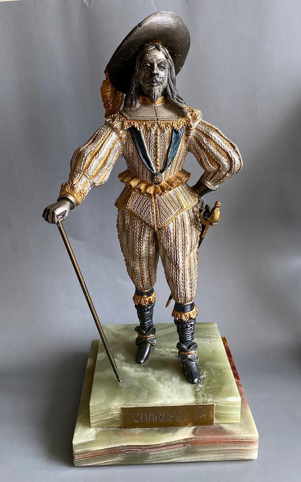 Bronze Figure, Queen Elizabeth I, Charles I, Gilded and Silvered, Onyx Base