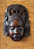 Vintage Indonesian Carved Hardwood Mask, Balinese/Javanese Style, Framed on Woven Mat Board, 20th Century