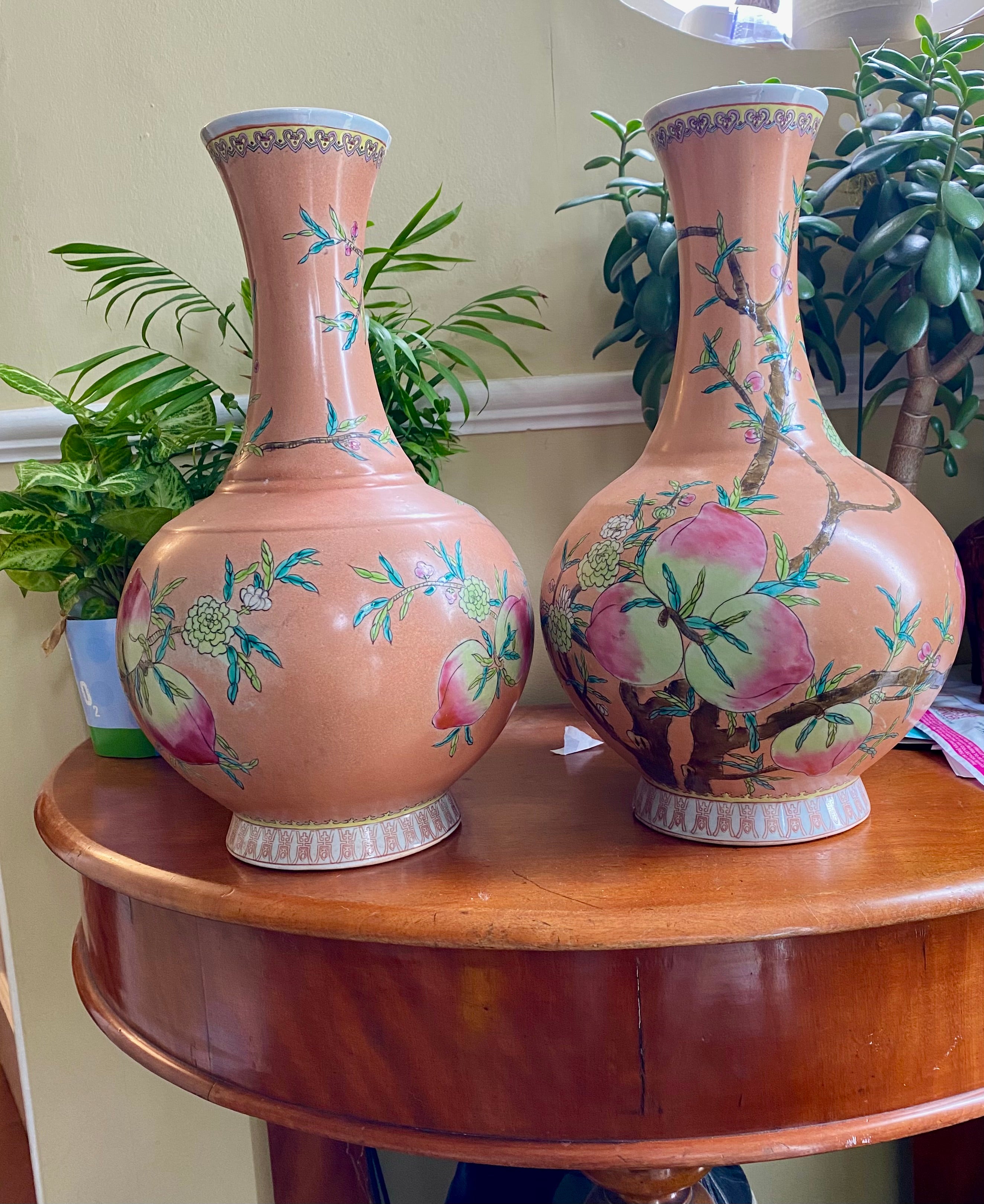 Ceramic Vase, Pair, Cinese, Vintage, Famille Rose
