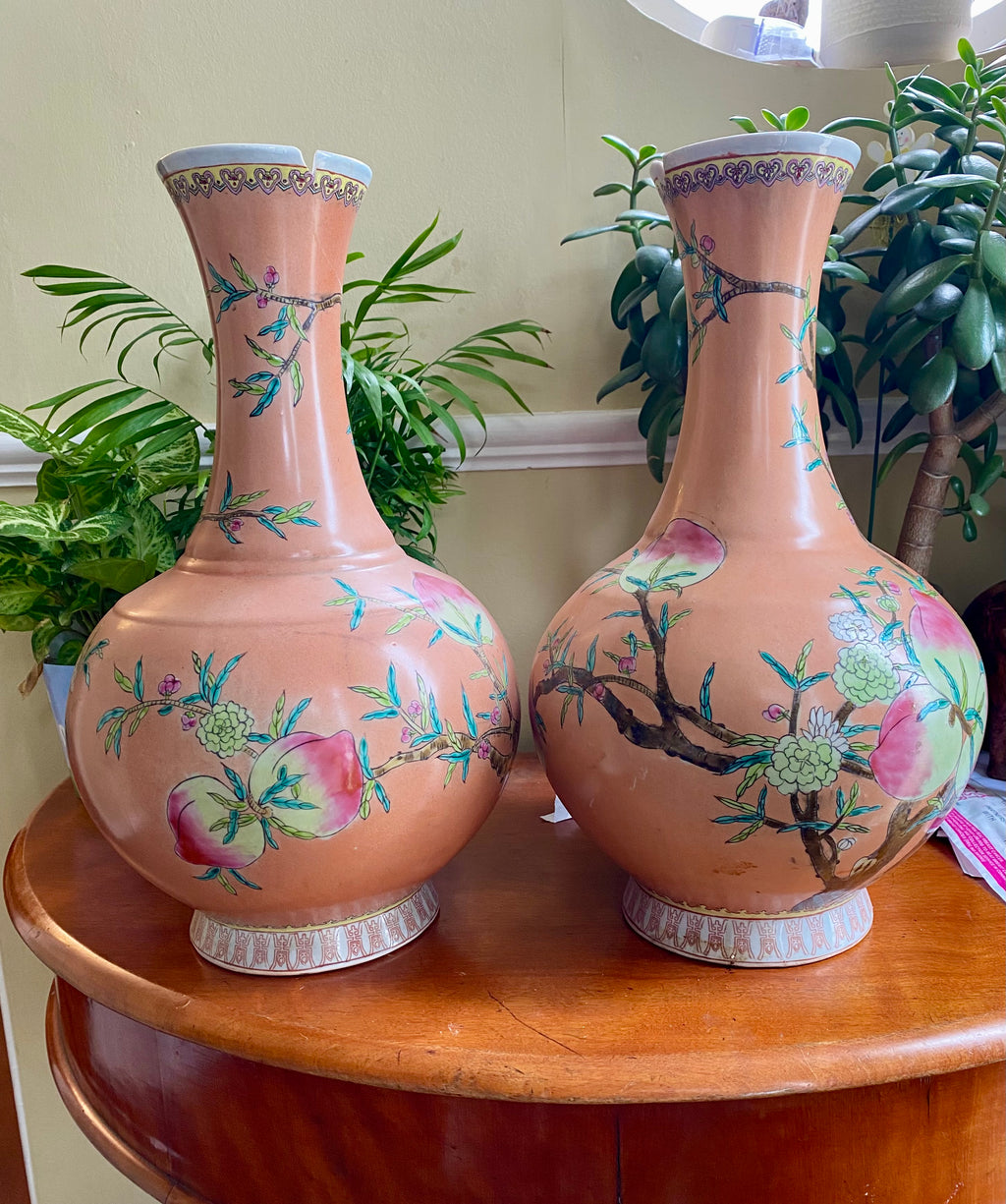 Ceramic Vase, Pair, Cinese, Vintage, Famille Rose