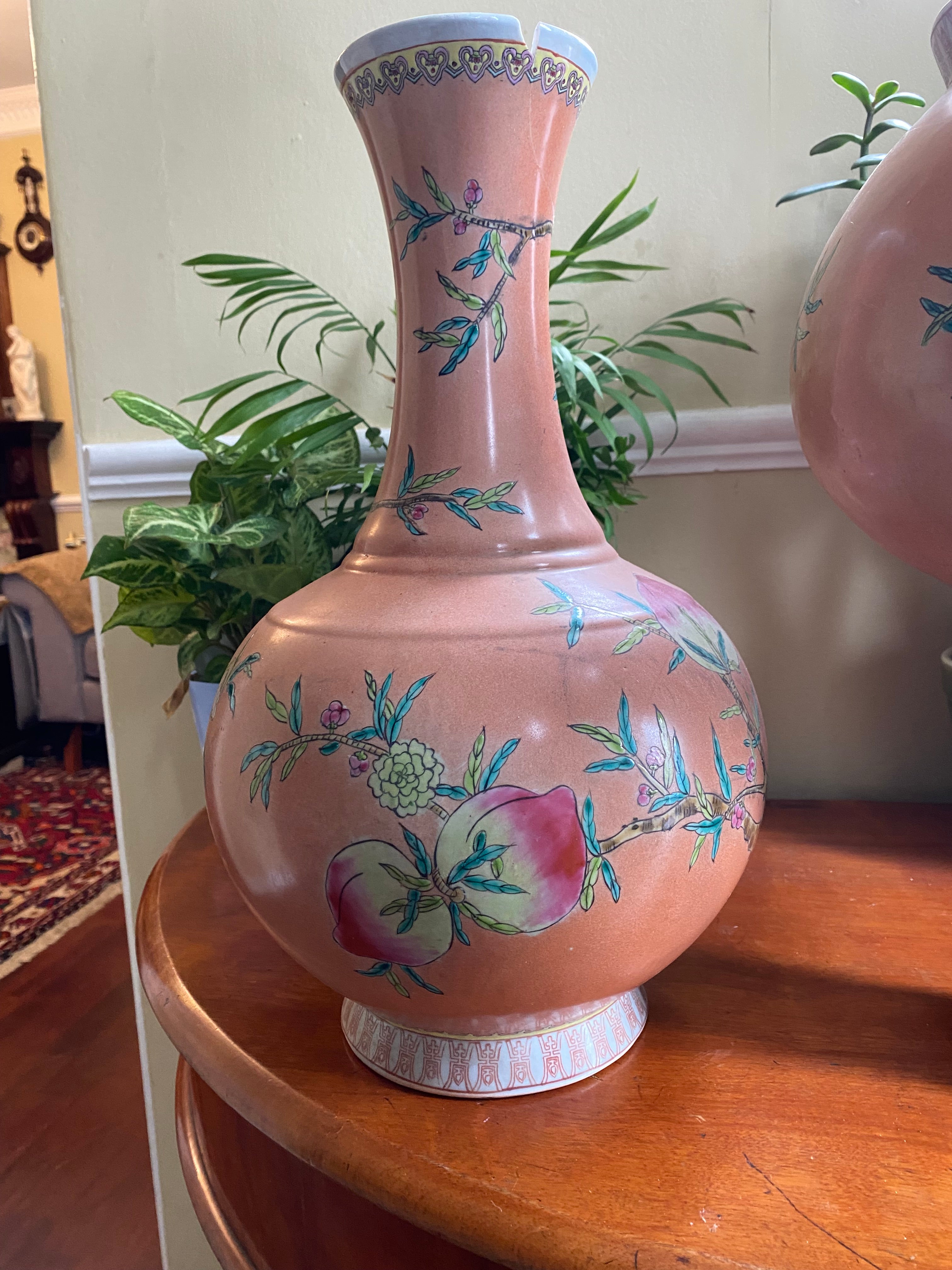 Ceramic Vase, Pair, Cinese, Vintage, Famille Rose