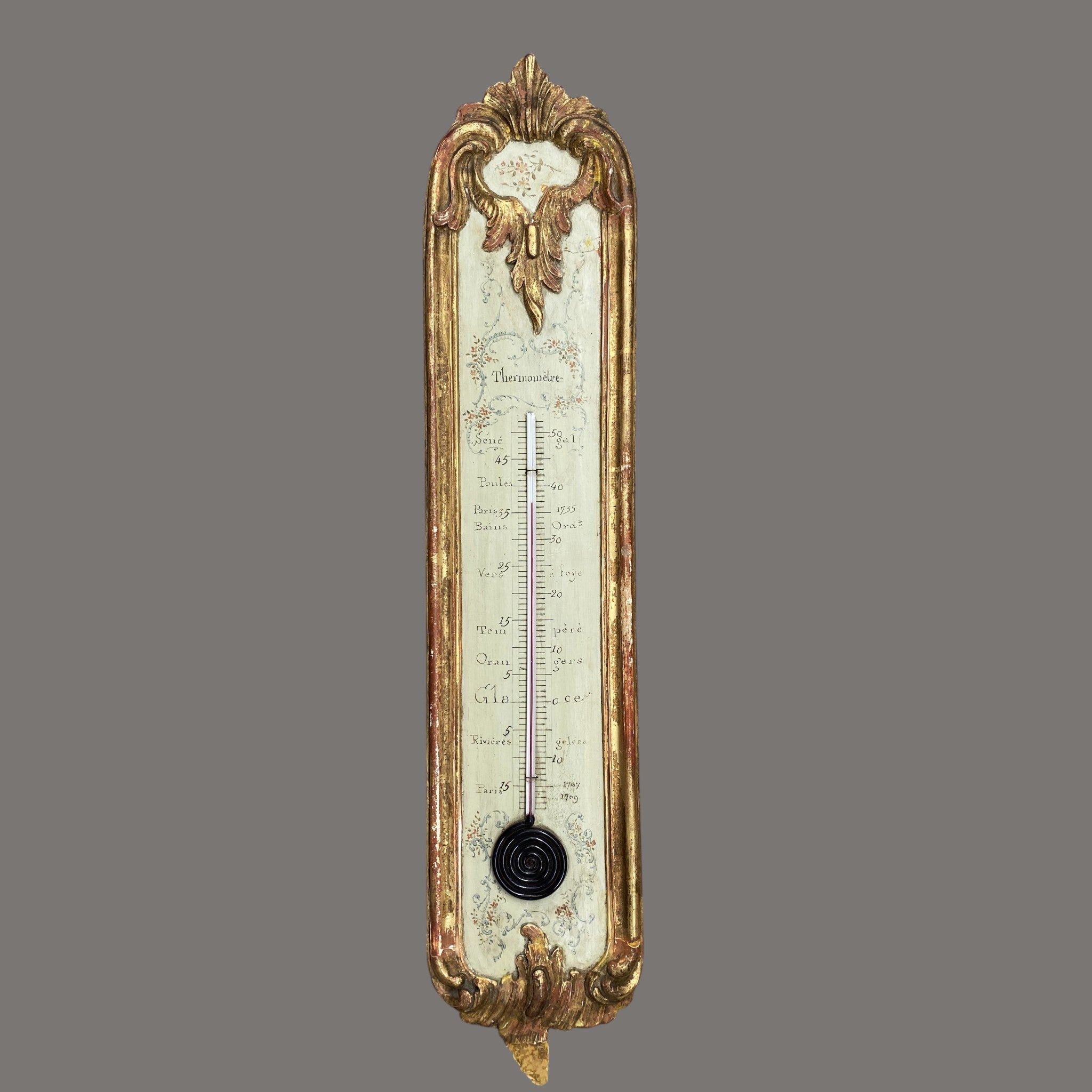 Thermometer, Antique, French, Alcohol, Ornate, Gilded Wood Case