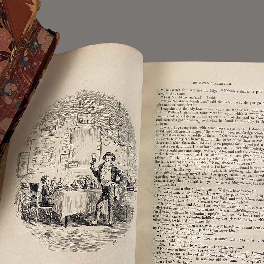 Charles Dickens, Books, 4-Volume Set, Antique, Half Calf Leather Binding, 19th Century