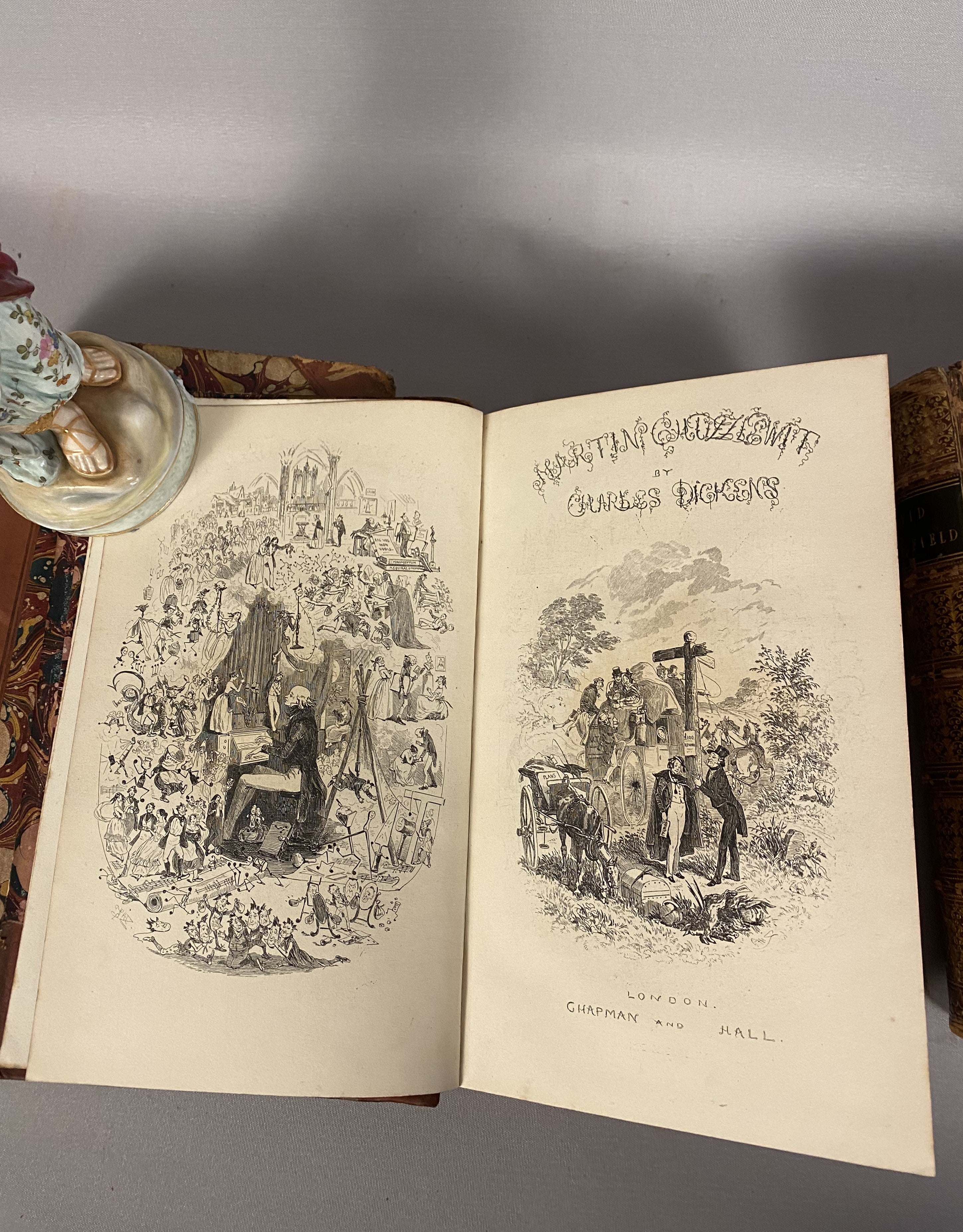 Antique Charles Dickens, 4-Volume Set, Half Calf Leather Binding, 19th Century