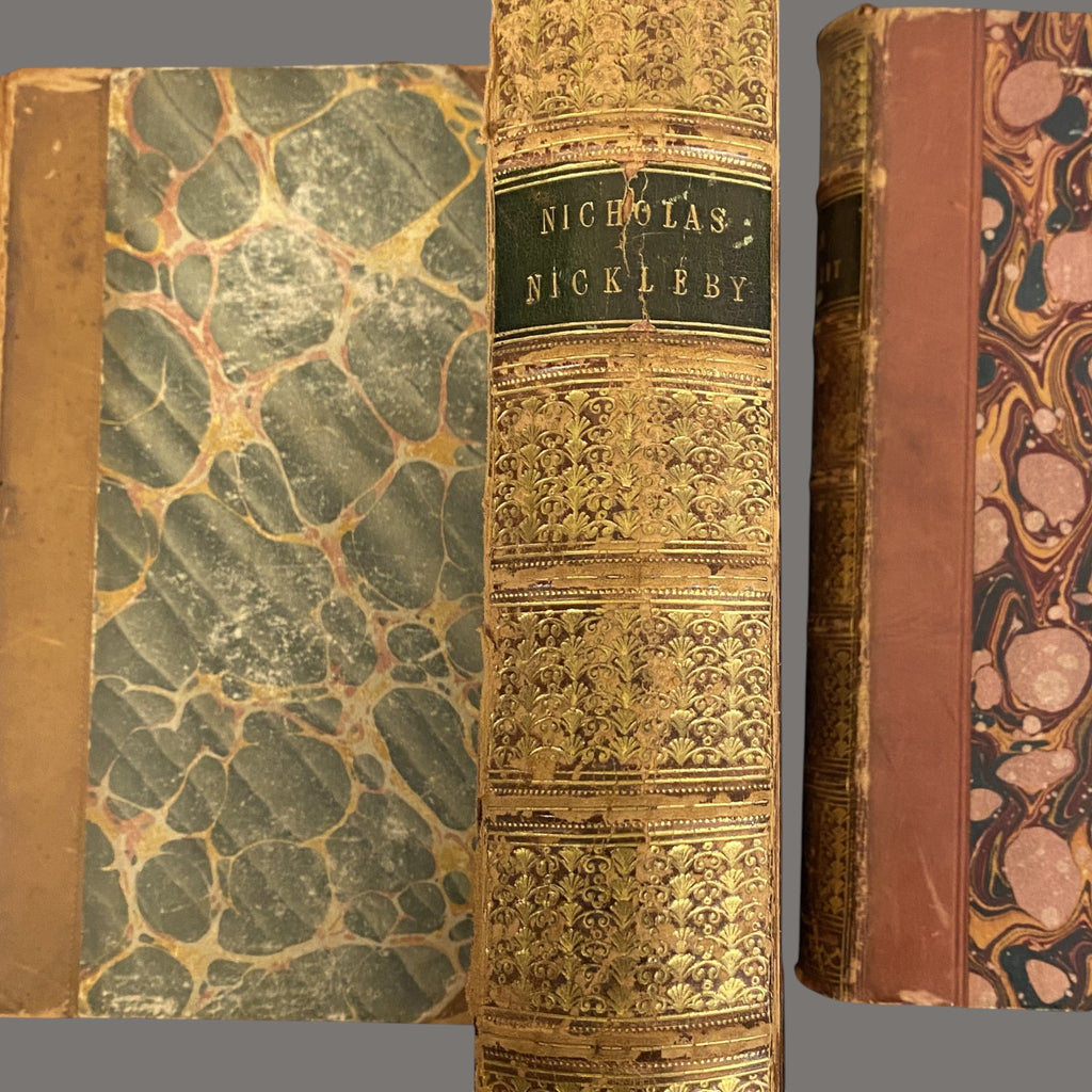 Charles Dickens, Books, 4-Volume Set, Antique, Half Calf Leather Binding, 19th Century