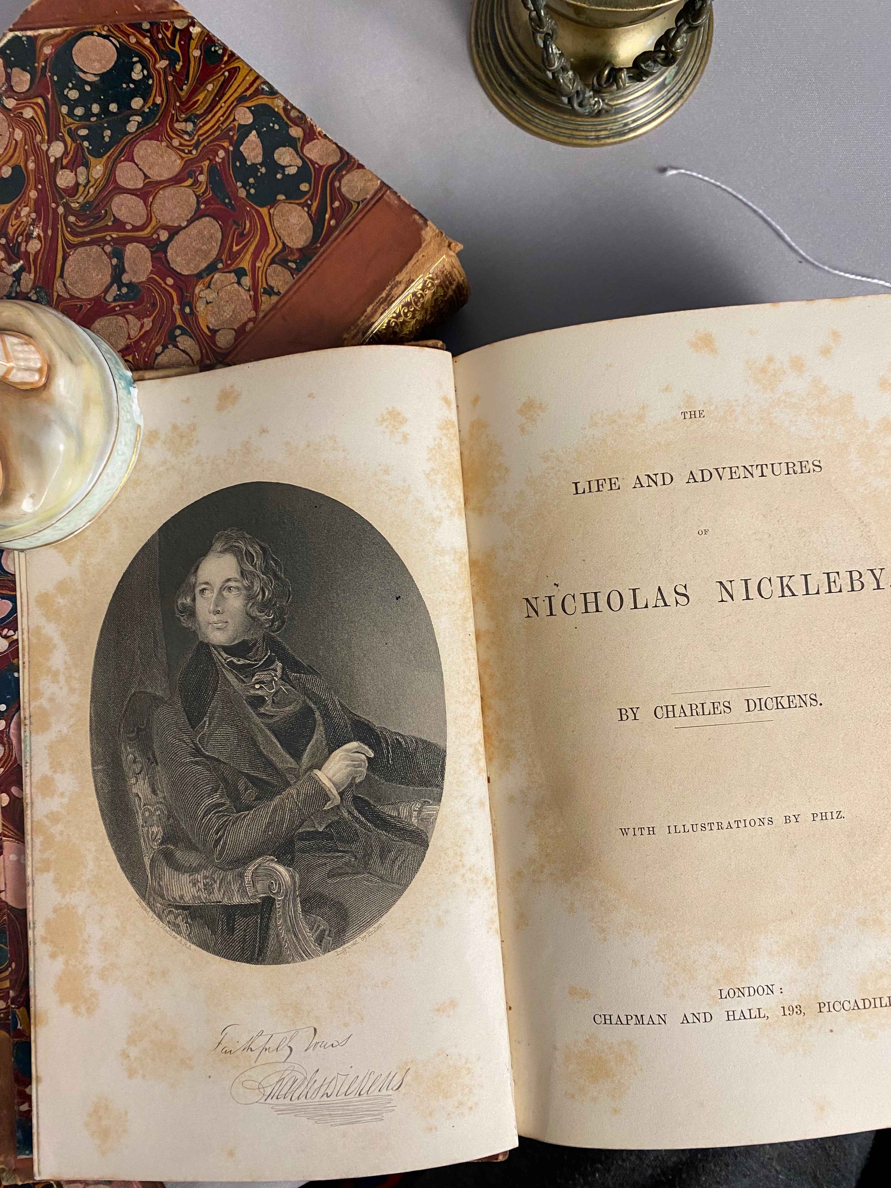 Antique Charles Dickens, 4-Volume Set, Half Calf Leather Binding, 19th Century