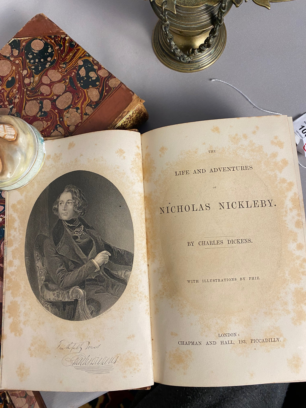 Antique Charles Dickens, 4-Volume Set, Half Calf Leather Binding, 19th Century