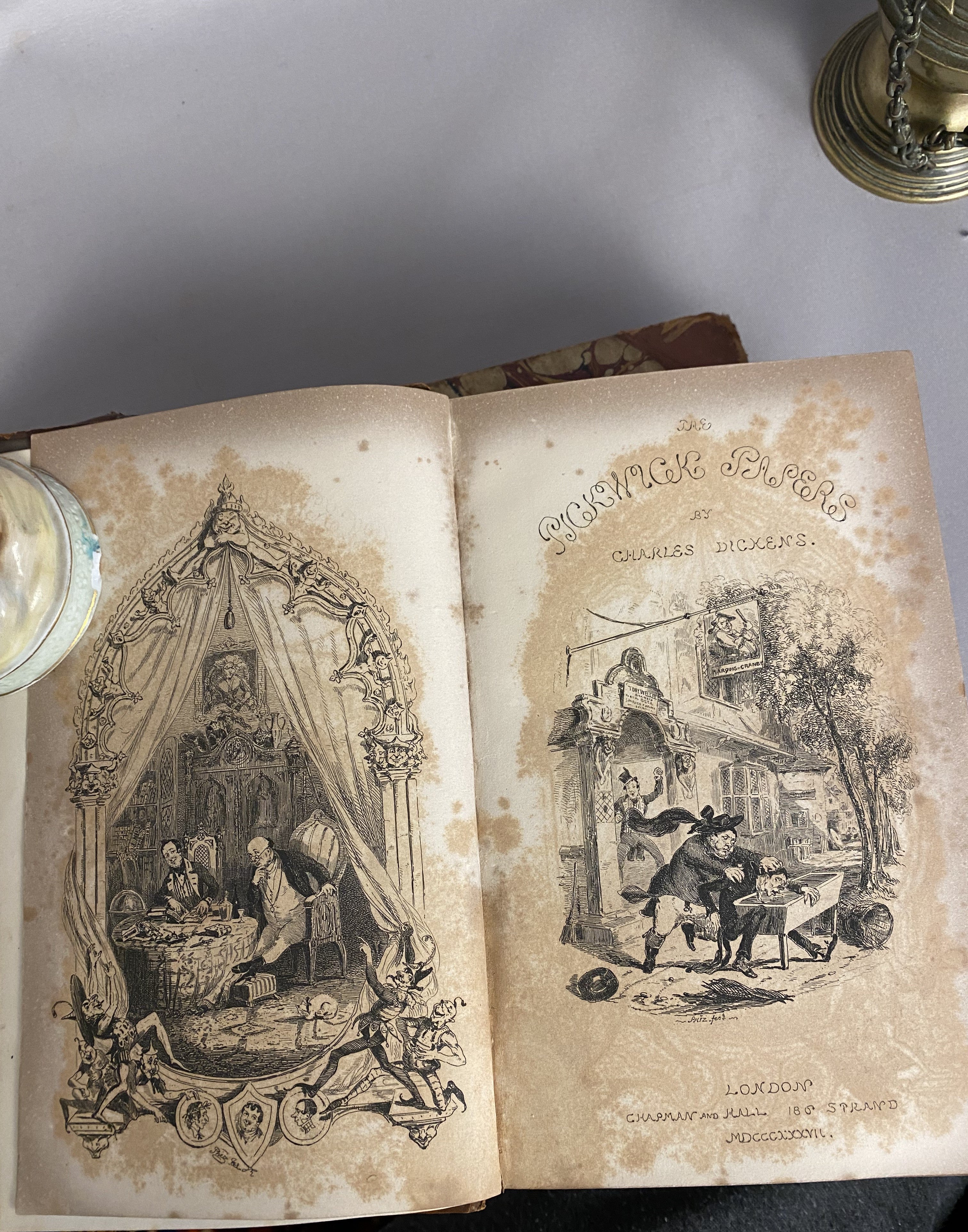 Antique Charles Dickens, 4-Volume Set, Half Calf Leather Binding, 19th Century