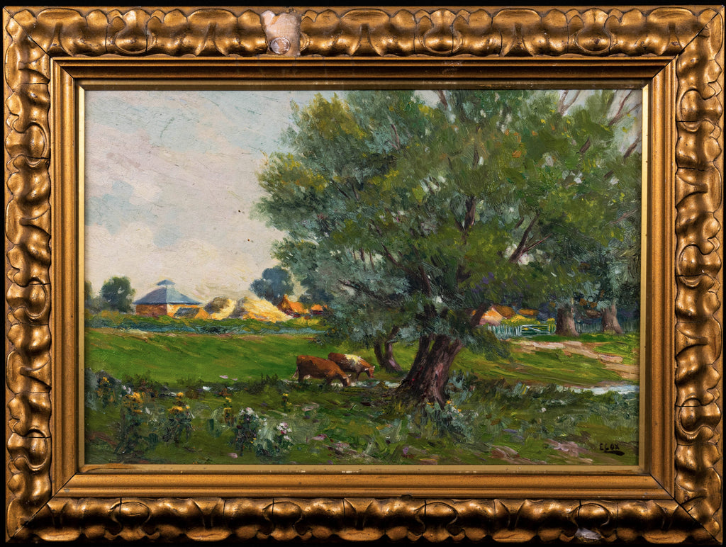 Oil painting Antique 'Cattle in Wilford' E Cox English School signed& gilt framed