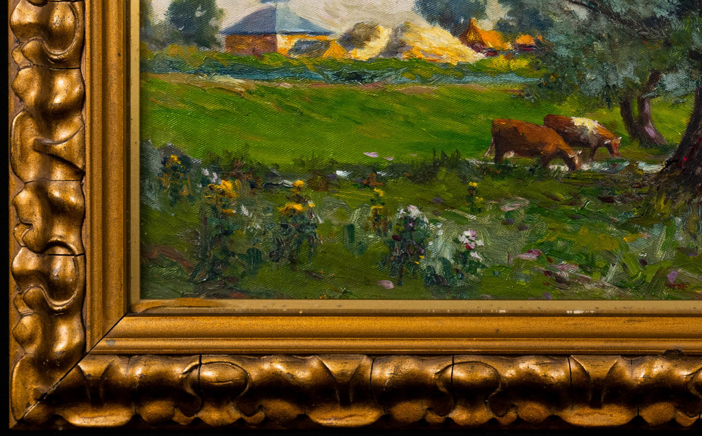 Oil painting Antique 'Cattle in Wilford' E Cox English School signed& gilt framed