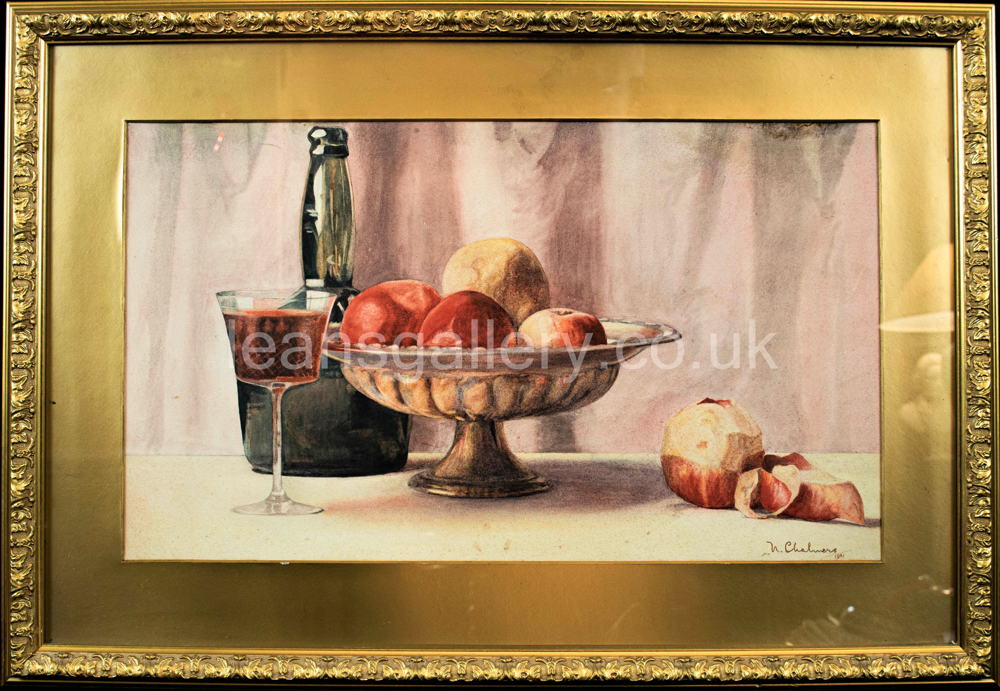 Watercolour, Antique, Still Life, Wine and Fruits